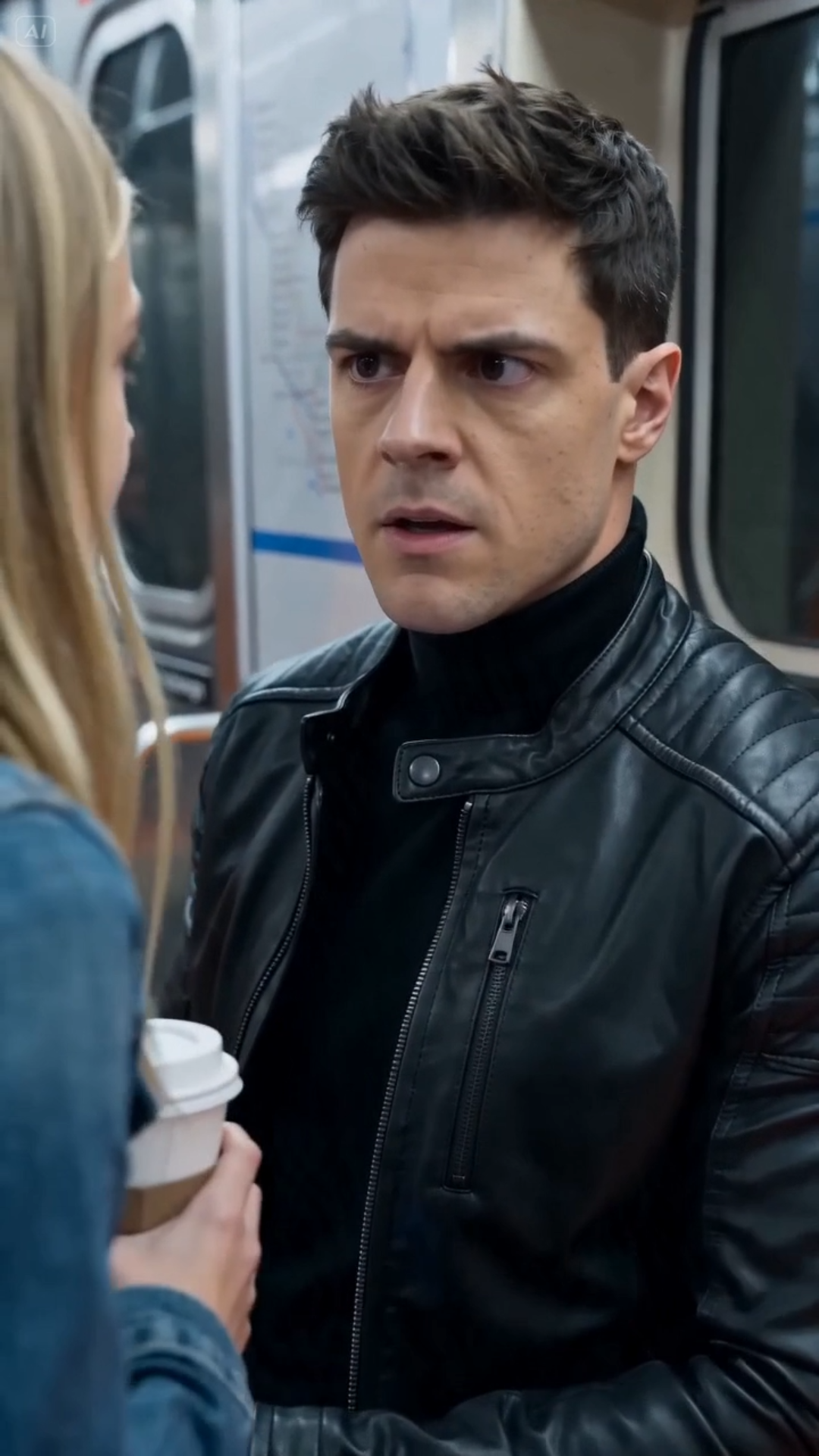 PART 2: The man’s expression drained of all color, his shock so absolute it was nearly paralyzing. Behind them, the man in the black jacket shifted his weight, his nonchalance evaporating. He began to step forward, his pace too rhythmic, too deliberate. The rugged man stood up slowly, blocking the aisle entirely, a mountain of defiance as the train lights flickered one last time before plunging the car into a momentary, suffocating shadow.