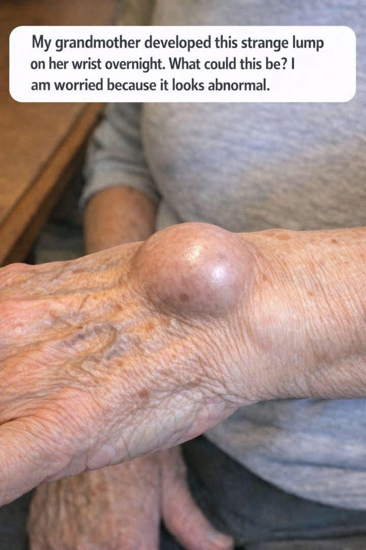 My grandmother developed this strange lump on her wrist overnight. What could this be? I am worried because it looks abnormal