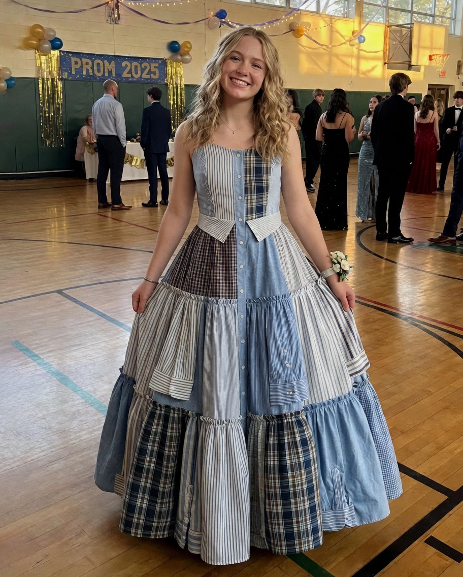 I Sewed a Dress From My Dad's Shirts for Prom in His Honor – My Classmates Laughed Until the Principal Took the Mic and the Room Fell Silent
