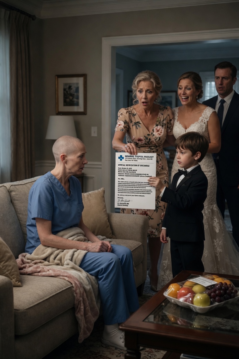 I called my family to say I had breast cancer. they ignored me, then asked me to co-sign a $90,000 SUV like nothing happened—“it’s just a signature,” my sister smiled… weeks earlier, my mom had said, “don’t ruin the bridal shower with your cancer.” I went through chemo alone—until they showed up at my door, acting like nothing happened. then my 6-year-old son stepped forward, holding a doctor’s note. “mommy said to show you this if you ever ask for money.” their smiles froze… and the room went dead silent. The world did not end with a bang. It ended with a clinical font on a biopsy report: Invasive Ductal Carcinoma. In the hospital parking lot, I dialed my mother, desperate for a tether. “Mom, I’m at the hospital. The results... I have cancer.” She let out a heavy, irritated sigh. “Claire, seriously? Right now? We’re in the middle of Jenna’s bridal shower. I can’t just walk out on guests because you’re having a ‘crisis.’ Stay positive! Call your sister.” The line went dead. My sister later texted: “Let’s do lunch when you’re feeling more ‘yourself.’ Take a bath or something. xx.” Three weeks later, as I lay huddled under a blanket on the sofa, my skin gray from chemotherapy, the doorbell rang. My family marched in: my mother Eleanor, my sister Megan—radiant and tan—and my stepfather Ron. They carried a plastic-wrapped fruit tray from a grocery store, looking like they were visiting a crumbling historical ruin. “You look... good,” Megan said, perching on the very edge of the armchair as if cancer were airborne. “I’m halfway through my second cycle, Megan,” I whispered. “But thanks for the fruit.” Mom tilted her head, shifting into her familiar “negotiator” persona. “Claire, honey, we’ve been so worried. But life has to move on, doesn’t it? We’re actually in a bit of a bind, and we knew you’d understand, being the responsible one.” I felt a cold numbness spreading. “A bind?” Ron cleared his throat. “Megan found a Tahoe. Exactly what she needs for her new commute. But her credit... it’s not great. And I’ve just refinanced my business loan.” “We need a co-signer,” Megan chimed in, her eyes shining with entitlement. “Just a signature, Claire. The bank said with your history at the firm, it would go through instantly.” I stared at them, wondering if the chemo had caused a brain bleed. “You came here... into the house of a woman who is losing her hair and fighting for her life... to ask for a co-signature on a luxury SUV?” Megan rolled her eyes. “Don’t be dramatic. You’re sitting right there. You’re fine. It’s a five-minute errand.” “What if I can’t work in three months? What if I don’t survive?” “Families help each other, Claire,” Ron said, his tone bordering on a lecture. “That’s what we do.” I opened my mouth to scream, but the sound was eclipsed by soft footsteps. Ethan, my six-year-old son, walked into the room. He was holding a piece of paper I had prepared weeks ago for a moment I prayed would never come. It wasn’t a co-signing agreement. As my mother took the paper and read the first few lines, her face drained from expectant hope to a mask of pure, unadulterated horror...