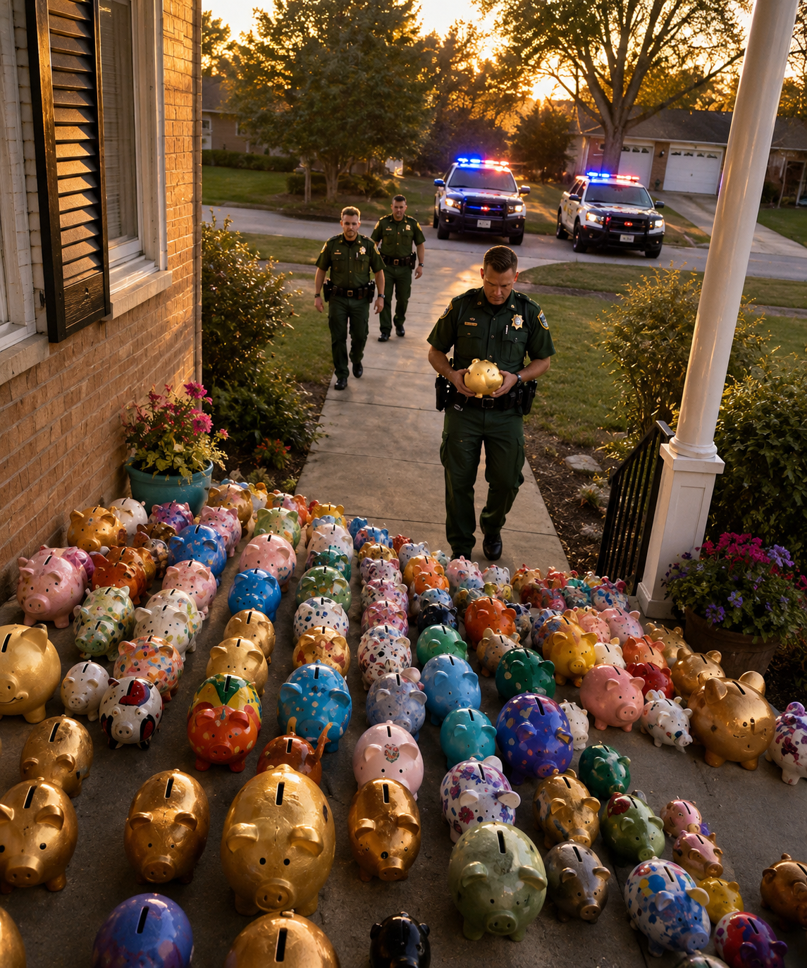 My 6-year-old son emptied his piggy bank to help our elderly neighbor when her house went dark — but the next morning, our yard was covered with piggy banks, patrol cars blocked the street, and one officer handed me a red piggy bank with a war:ning: “Break this open.”