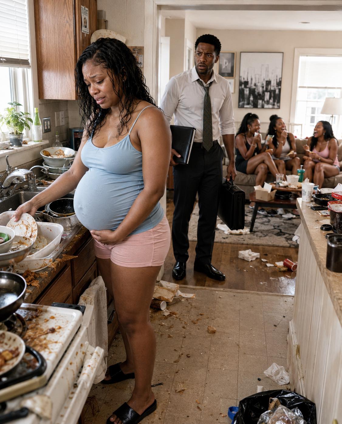 He came home at 10 P.M. and found his 8-MONTH PREGNANT WIFE WASHING DISHES ALONE while his family laughed in the living room … but after discovering they had THROWN AWAY HER MEDICATION, he looked at them and said, “Your comfortable life ends tonight”