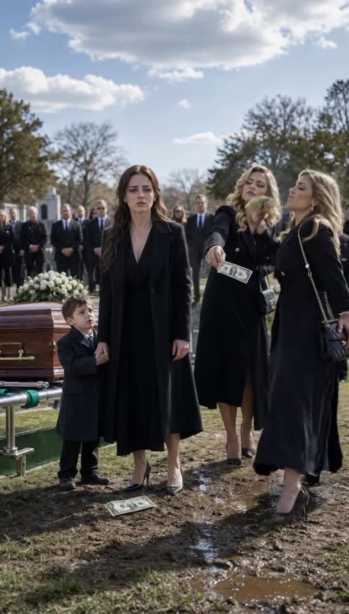 My husband’s coffin was still being lowered when my sisters threw a one-dollar bill at my feet. Clara leaned in, smiling like a demon, and whispered, “Buy bread for your fatherless child.” Then she spat beside me. I stayed silent, holding my son’s trembling hand. They thought grief had made me powerless. But Daniel had left me one final weapon—and by the time they discovered it, they would be begging me to stop.