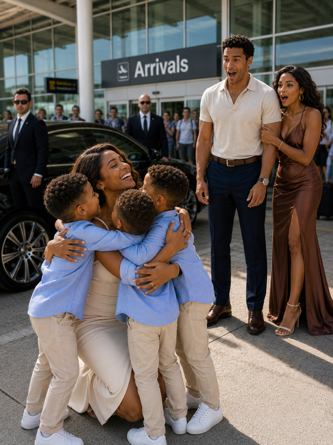 My billionaire ex-husband sat beside me on a flight just to shame me—then three little boys stepped out of a Bentley and ran toward me, calling, “Mom!”