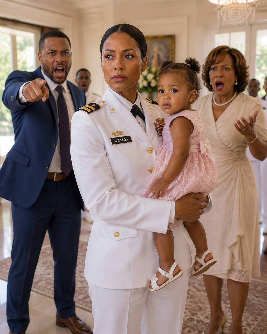 My husband texted: “Don’t be late tonight. Mom has a surprise waiting for you.” I drove home from my military base with my one-year-old daughter… smiling the entire way. But the moment I walked in… the living room was filled with relatives. Everyone was staring at me. My husband slammed a DNA test on the table. “She’s not my child.” My mother-in-law pointed at the door. “Get out of my house!” Before I could say a word… the front door opened