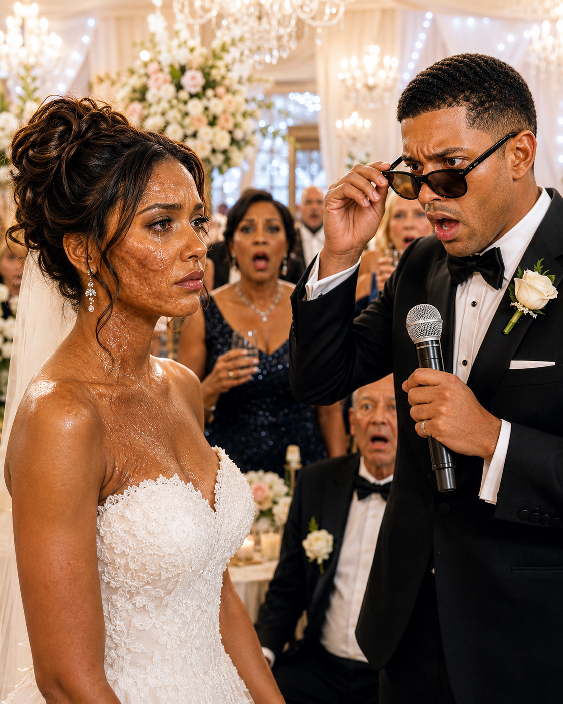 At my wedding, the guests laughed at my groom. “He must be blind to marry such a hideous woman with scars covering her face,” someone sneered. My husband calmly took the microphone.