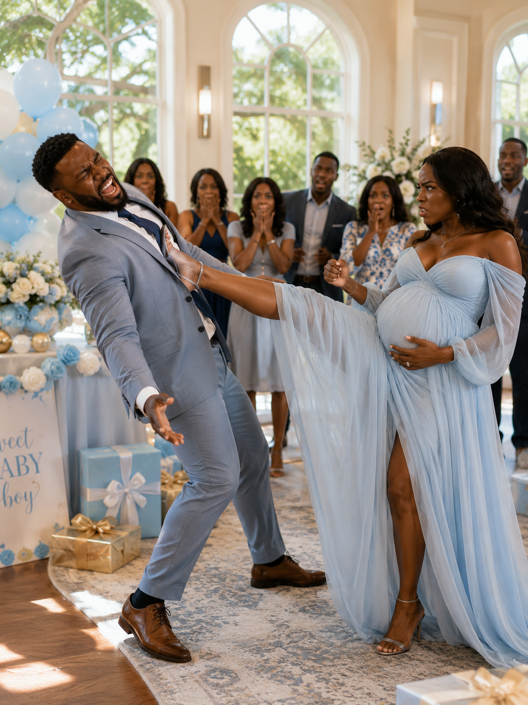 I was eight months pregnant with our miracle baby when my husband brought his 22-year-old mistress to our baby shower. When I demanded they leave, he punched me square in the stomach, sending me crashing into the gift table. “She’s carrying the real heir, you barren trash,” he sneered, as his wealthy parents actually clapped.