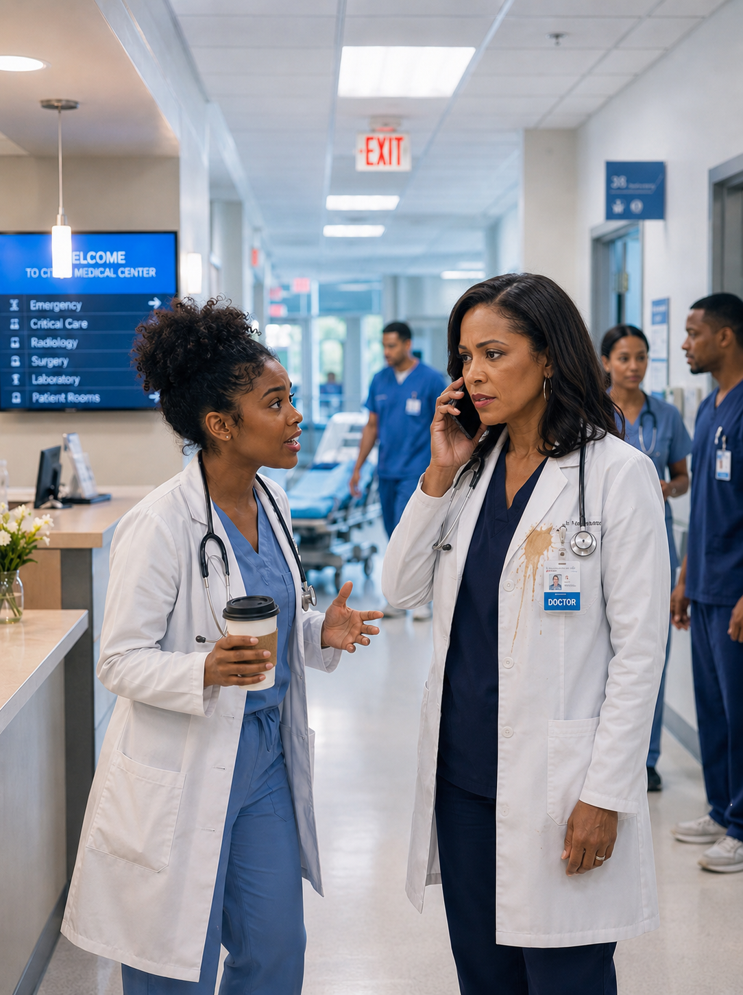 The intern smirked as hot coffee soaked my white coat. “My husband is the CEO of this hospital,” she snapped. “You’re finished.” I looked at her ring, then calmly picked up my phone.