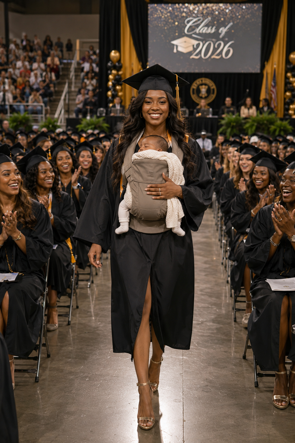 They started laughing the moment my daughter walked onto the graduation stage with a newborn in her arms. Someone sitting behind me even muttered, “Just like his mother…” But what she said next silenced the entire room.