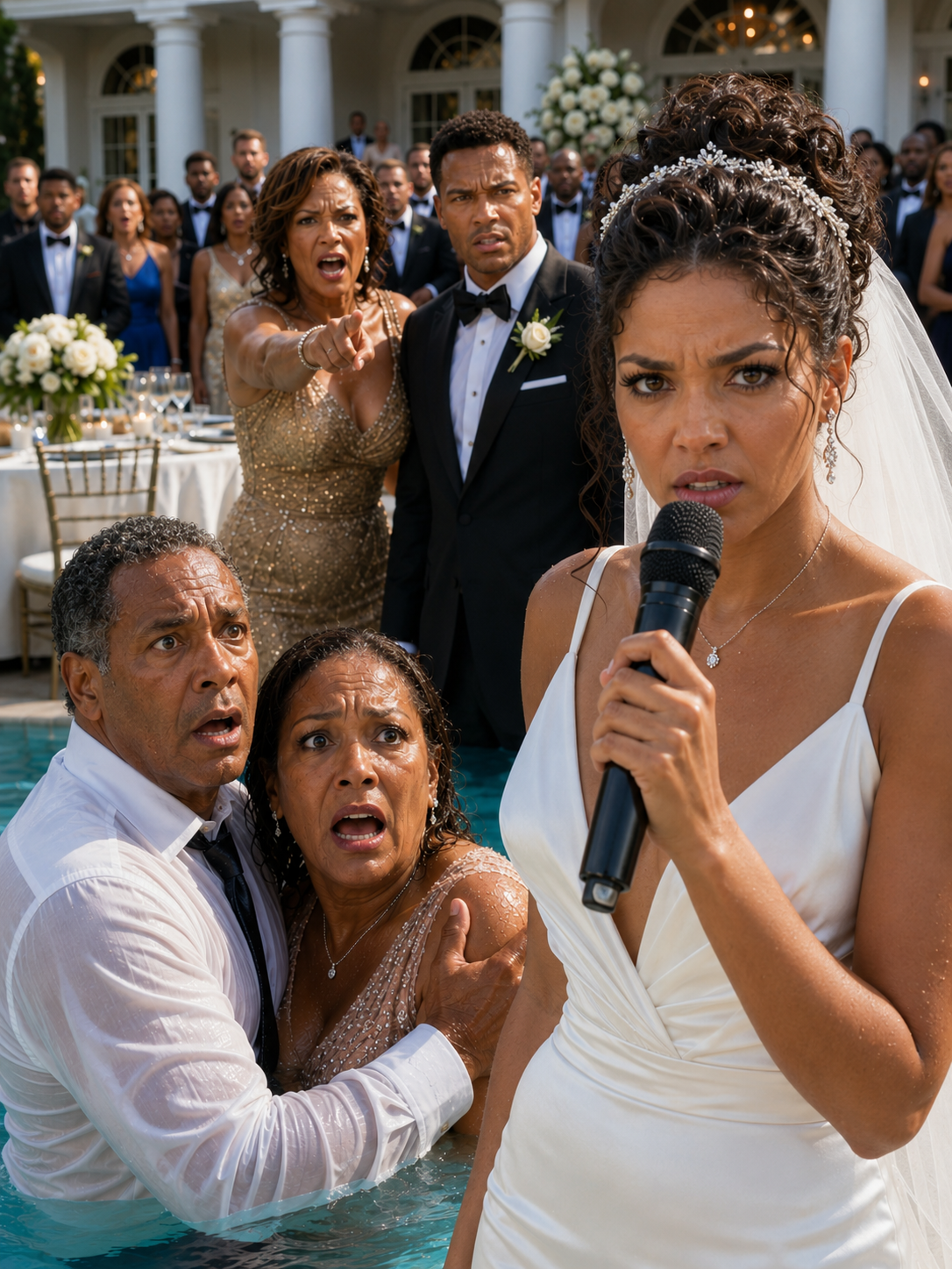 At my wedding, my mother-in-law looked my parents up and down with disgust and scoffed, “I’ve never seen such a miserable, poor family.” Then she pushed them into the pool, laughing, “Time to rinse off that smell of poverty.” My fiancé never lifted a finger. I walked to the microphone and said, “The wedding is canceled—and by tomorrow morning, your family empire will collapse.” Then I placed one phone call.