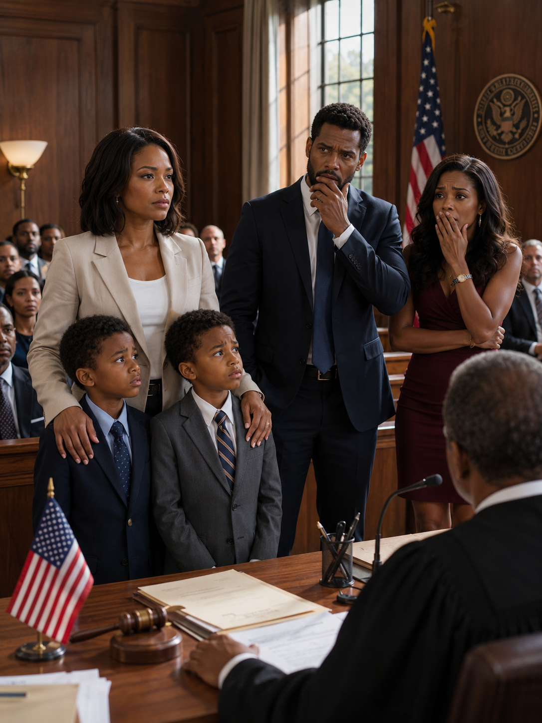 My Husband Walked Into Divorce Court With Three Attorneys, an Ironclad Prenup, and the Woman He Planned to Marry—Certain He Would Take Our Entire Fortune and Full Custody of Our Twin Boys… Until the Judge Opened the Company’s Original Ownership Records, Read the First Name Listed, and Asked One Question That Drained Every Bit of Color From His Face   The Name Hidden on the First Page By nine o’clock on a rainy Thursday morning, Courtroom Six in Montgomery County, Maryland, was almost full.  People had come because the divorce had become a small local spectacle. My husband, Gavin Rourke, was the polished and widely admired CEO of Rourke Regional Mobility, one of the fastest-growing transportation companies in the Mid-Atlantic. His face appeared in business magazines, charity newsletters, and photographs beside politicians at fundraising dinners.   Mine rarely appeared anywhere.  For thirteen years, I had stood beside him at awards ceremonies and company events, smiling when reporters asked how proud I was of his success. They described me as a devoted homemaker who had supported her husband from the sidelines.  I never corrected them.  After our twin boys, Nolan and Parker, were born, I stepped away from public life almost completely. I attended school meetings, packed lunches, handled medical appointments, and kept our home running while Gavin traveled from one business conference to another.  Because I stayed quiet, everyone assumed I had done nothing.  That morning, Gavin entered the courtroom with three attorneys, a thick black binder, and the confidence of a man who believed the outcome had already been decided.  He was wearing a dark charcoal suit, a silver watch, and the calm expression he used during television interviews. Beside him sat Sloane Pierce, the company’s public relations director and the woman he planned to marry once our divorce became final.  She looked elegant in a cream-colored dress and held Gavin’s arm as if she already belonged at his side.  His lead attorney, Philip Dane, had spent weeks building the same argument: Gavin had created the company, Gavin had earned the money, and Gavin could offer our sons a better future.  According to them, I had no independent career, no meaningful assets, and no ability to maintain the life Nolan and Parker had always known.  The prenuptial agreement, they insisted, protected nearly everything Gavin claimed as his own.  He believed it would also help him receive primary custody.  The Empty Chair  Judge Marian Beckett entered shortly after nine and took her seat.  She reviewed the files in front of her, then looked toward the empty chair at my table.  “Where is Mrs. Bellamy?”  Gavin checked his watch and smiled faintly.  “Cassandra has never been especially concerned with other people’s schedules.”  Sloane covered a laugh with her hand.  Judge Beckett lifted her eyes.  “Ms. Pierce, this is a family court hearing, not a private conversation. You will remain silent unless I address you.”  Sloane’s smile disappeared.  Philip began presenting Gavin’s request for primary custody. He spoke about the large house in Bethesda, the private school tuition, the family investment accounts, and the comfortable routine Gavin claimed he could provide.  He had barely finished his opening statement when the courtroom doors opened.  I stepped inside holding the hands of our eight-year-old twins.  Nolan wore a navy jacket and stared at the floor. Parker held my hand so tightly that his fingers had turned pale.  Gavin’s expression changed the moment he saw us.  Sloane leaned toward him and whispered, “She brought the boys?”  Judge Beckett heard her.  “Ms. Pierce, I have already warned you.”  I approached the table and faced the judge.  “I apologize for arriving late, Your Honor. The boys asked to come.”  Judge Beckett studied them carefully.  “Children usually should not be present for proceedings like this.”  “I understand,” I said. “But their father has already told them I left our family, that I have no way to support them, and that they will soon be living with him and Ms. Pierce. I did not want them to hear only one version of the truth.”  Gavin straightened in his chair.  “That is an unfair accusation.”  I did not look at him.  The judge asked a court officer to seat the boys nearby, far enough from the attorneys but close enough to see both parents.  Then she allowed Philip to continue.  The Story He Wanted Everyone to Believe  For the next twenty minutes, Philip described me as though I were a visitor in my own marriage.  He explained that Gavin had spent years building a successful transportation company from the ground up. He spoke about the employees who depended on Gavin, the contracts Gavin had negotiated, and the wealth Gavin had supposedly created alone.  He mentioned that I had not held a full-time job since the twins were small.  He did not mention why.  He claimed I depended entirely on Gavin’s income and would struggle to provide stability for the boys without him.  He did not mention that I had managed nearly every part of their daily lives.  When he finished, he requested that Gavin receive primary custody, while I received limited parenting time until I could prove financial independence.  Judge Beckett turned toward me.  “Mrs. Bellamy, who is representing you?”  “I am representing myself.”  Gavin leaned back with visible satisfaction.  The judge removed her glasses.  “You understand that your husband has a full legal team and that the issues before this court are serious?”  “Yes, Your Honor.”  “Then you may respond.”  I opened my handbag and removed one sealed envelope.  Inside were the original formation documents for Rourke Regional Mobility.  I handed them to the court clerk.  Judge Beckett broke the seal and began reading.  At first, her expression remained neutral. Then she reached the ownership page.  She stopped.  The room grew quiet.  She read the page again before looking directly at Gavin.  The Question That Changed the Hearing  Judge Beckett held up the document.  “Mr. Rourke, why is your wife’s maiden name listed as the company’s original majority owner?”  Gavin did not answer.  For the first time that morning, his confidence disappeared.  Philip turned toward him so quickly that his papers slid across the table.  Sloane’s eyes narrowed.  “What is she talking about?” she whispered.  Judge Beckett continued.  “Cassandra Bellamy is listed as holding seventy-four percent of the company at the time of incorporation.”  A murmur moved through the courtroom.  Gavin finally spoke.  “That cannot be correct.”  “This is an original filing certified by the state,” Judge Beckett replied. “Are you claiming it is false?”  He looked at Philip, then at me.  “She signed those papers because we were married. The company had no value then.”  The judge’s expression sharpened.  “So you acknowledge that the document is genuine.”  Gavin’s face lost its color.  Philip stood immediately.  “Your Honor, we request a brief recess to review these materials.”  “You may have ten minutes,” Judge Beckett said. “Use them wisely.”  What Really Built the Company The moment we entered the hallway, Gavin came toward me.  His voice was low, but disbelief had replaced his earlier calm.  “What have you done?”  “I brought the truth into the room.”  Sloane stepped beside him.  “Gavin, what does she mean by seventy-four percent?”  He did not answer.  That silence told her more than I ever could.  Fifteen years earlier, Rourke Regional Mobility had not been a company with hundreds of employees and contracts across four states.  It had been one used shuttle van, a folding desk in our apartment, and a stack of unpaid invoices.  Gavin had ambition, charm, and an extraordinary ability to persuade people to believe in him. What he did not have was money, credit, administrative experience, or patience for the details that kept a company alive.  I had those things.  My aunt had left me a small townhouse in Silver Spring and a modest investment account. I sold the property, withdrew the funds, and invested nearly everything in the business Gavin and I planned together.  I prepared the first business registration.  I negotiated the first vehicle lease.  I arranged insurance, processed permits, created payroll records, and tracked every payment after midnight while Gavin drove airport routes before sunrise.  I kept my job in medical administration for two additional years because my salary covered our household expenses while the business grew.  Gavin called it our company then.  After the twins were born, I reduced my role. Nolan needed physical therapy for nearly a year, and Parker had recurring breathing issues that required frequent appointments.  I believed stepping back was temporary.  Slowly, Gavin began calling himself the founder.  Then he called himself the sole founder.  Eventually, he began telling interviewers he had built everything with nothing but determination.  At first, I stayed silent because I did not want to embarrass him.  Later, I stayed silent because correcting him would have revealed how far apart we had already grown.  But when he told our sons that I had never contributed anything, my silence ended.  The Documents He Never Expected Me to Keep Philip approached me in the hallway.  His confident tone was gone.  “Mrs. Bellamy, are there other records we should be aware of?”  “Yes.”  “What kind of records?”  “Capital contribution statements, early tax filings, board notes, loan guarantees, payroll records, company emails, and copies of every ownership document.”  Gavin stared at me.  “You kept all of that?”  “I kept everything.”  Sloane turned toward him.  “You told me she had nothing to do with the company.”  “This is not the time,” Gavin said.  Her expression changed.  For the first time, she looked less like the future wife of a powerful executive and more like a woman realizing she had been given only the version of the story that benefited him.  Across the hallway, Nolan and Parker stood beside the court officer.  Nolan pretended not to listen.  Parker did not.  I walked over and knelt in front of them.  “Are you both okay?”  Nolan looked at me.  “Did Dad lie to us?”  I took a slow breath.  I did not want my sons to carry the bitterness of adults.  “Your father did not explain everything honestly,” I said. “But this is not something you need to fix.”  Parker reached for my hand.  “Are we still going to live with you?”  “I am going to do everything I can to keep your life safe and steady.”  Nolan looked toward Gavin.  “Dad said Sloane already chose our bedrooms.”  Before I could answer, the clerk called everyone back into the courtroom.  The Prenuptial Agreement Was Not Enough  When the hearing resumed, the atmosphere had changed.  Gavin no longer leaned back in his chair.  Sloane stopped whispering.  Philip spoke more carefully.  Judge Beckett asked me to explain the ownership records.  “I provided the original investment,” I said. “The company was formed with money from my inheritance and backed by my personal guarantees. Gavin managed daily operations. I handled administration, finance, compliance, and contracts until our sons needed more of my time.”  Philip stood.  “Mrs. Bellamy, did you receive a salary?”  “No.”  “Then you were not technically employed by the company.”  “I deferred compensation because we needed cash to keep the company operating.”  He opened the prenuptial agreement.  “This document states that business assets held in Mr. Rourke’s name remain his separate property.”  “That is correct.”  “Then why should it not apply here?”  “Because the majority shares were never held in his name.”  Philip stopped.  Judge Beckett turned another page.  “There is also a transfer agreement dated six years ago. It appears incomplete.”  “I never signed it,” I said.  Gavin spoke before his attorney could stop him.  “Because she refused.”  I looked at him for the first time.  “You gave it to me three days after my aunt’s funeral and said it was routine paperwork.”  Judge Beckett examined the page.  “This agreement would have transferred her ownership interest to you for ten dollars.”  Sloane inhaled sharply.  Gavin’s eyes dropped to the table.   The Real Custody Question  I turned back to the judge.  “Your Honor, I did not bring these records to humiliate my husband. I brought them because he asked this court to believe I had no income, no professional ability, and no role in building the life our children know.”  Judge Beckett nodded.  “Where have you and the boys lived since the separation?”  “In a rented home near their school.”  “Who pays the rent?”  “I do.”  “With what income?”  I handed the clerk another folder.  “For the past eighteen months, I have worked as an independent consultant for small transportation companies. I help them with insurance compliance, contract proposals, licensing, and financial systems.”  Philip reviewed the contracts.  His expression tightened.  The income was not small.  It was enough to cover the rent, school costs, insurance, and savings.  Gavin looked at me.  “You told me you were helping friends.”  “I was helping clients who became friends.”  “Why didn’t you tell me you were earning that much?”  “You stopped asking about my life a long time ago.”  The courtroom became silent.  Philip changed direction.  “Are you claiming Mr. Rourke is an unfit father?”  “No.”  Gavin looked surprised.  I continued carefully.  “He loves Nolan and Parker. He takes them to games when his schedule allows. He knows Parker prefers pancakes without syrup, but he forgets that Nolan becomes anxious before school presentations. He is not a terrible person. But he has been more focused on winning this case than protecting their feelings.”  Nolan lowered his head.  Gavin looked toward him, and something uncertain passed across his face.  The First Decision Judge Beckett did not issue a final custody order that day.  Instead, she ruled that the boys would remain with me during the school week. Gavin would have alternating weekends and one dinner visit each week.  Both parents were ordered to stop discussing the legal case with the children.  The judge also ordered a full review of the company’s ownership, financial records, and past transfers.  That order troubled Gavin more than the temporary custody arrangement.  There was no dramatic celebration when the hearing ended.  There was only the sound of folders closing, chairs moving, and the rain tapping against the courthouse windows.  Nolan and Parker walked directly to me.  Outside, Parker paused beside the car.  “Mom, did you really start Dad’s company?”  “I helped build it from the beginning.”  “Why didn’t you tell us?”  Because I had confused silence with peace.  Because I had protected Gavin’s image for so long that I nearly disappeared from my own story.  Instead, I said, “I wanted you to see your father as your father, not as someone I was fighting with.”  Parker thought about that.  “Can someone be good and still do something wrong?”  I brushed the rain from his hair.  “Yes. Most people are more complicated than one mistake.”  The Call That Night After the boys went to sleep, I sat at the kitchen table with the court papers spread before me.  The house was quiet except for the soft hum of the refrigerator.  My phone rang.  Gavin.  I answered after the third ring.  “Cassandra.”  His voice sounded tired.  “Yes?”  “I never thought you would use those documents.”  “I never thought you would tell our sons I abandoned them.”  He was silent.  Then he said, “I panicked.”  “About losing what?”  “Everything.”  I looked around the kitchen.  Nolan’s homework sat beside a bowl of apples. Parker’s shoes were near the back door. Their ordinary belongings reminded me that the most important parts of my life had never been listed on a financial statement.  “You arrived with three attorneys and asked the court to take the boys from their home.”  “I didn’t think it would become this serious.”  “It became serious because you made it serious.”  He exhaled.  “What do you want?”  “Honesty. With the court, with the boys, and with yourself.”  He hesitated.  “And what do you want from the company?”  There it was.  Not an apology.  Not a question about Nolan or Parker.  The company.  “I have not decided.”  “The board will panic if these records become public.”  “Then perhaps the board should learn how the company was really created.”  His voice softened.  “You sound different.”  “I am different.”  “No,” he said. “You sound like the woman I met before all of this.”  For a moment, I remembered the younger Gavin standing beside our first shuttle van, laughing in the rain because the passenger door would not close properly.  I remembered believing we were building one life together.  “That woman trusted you,” I said.  He had no answer.  The Envelope at the Door The next morning, I found a plain envelope taped to the front door.  There was no name and no return address.  Inside was a copy of an old company resolution dated nine years earlier.  The document claimed that I had approved a change in voting rights shortly before the twins were born.  My name appeared at the bottom.  The signature looked almost like mine.  Almost.  Across the top, someone had written in blue ink:  You need to learn what was changed while you were in the hospital.  My hands became cold.  A second sheet was folded behind the first.  It contained only one sentence.  Ask Gavin why your mother called him the night before she passed away.  Gavin had always told me he had not spoken to her that week.  Upstairs, Nolan and Parker laughed while brushing their teeth.  Their voices filled the house with the sound of an ordinary morning.  I stood alone in the doorway holding proof that the ownership records had opened only the first door.  And somewhere behind that door was a truth Gavin had spent years hoping I would never discover.  Staying quiet to protect a family can sometimes allow another person to rewrite your role, erase your sacrifices, and convince the world that everything you helped build belongs only to them.  True strength does not always enter a room loudly, because sometimes the strongest person is the one who has kept every record, remembered every promise, and waited for the right moment to speak.  A person’s unpaid work may never appear on a paycheck, but it can still carry a family, build a company, protect children, and create the foundation for someone else’s public success.  Trust is not a weakness, but continuing to ignore dishonesty after the truth becomes clear can slowly cost a person their confidence, their voice, and their rightful place in their own life.  Children should never be used as proof of victory in an adult conflict, because their sense of safety matters far more than either parent’s pride, reputation, or desire to win.  Financial independence is not only about money; it is also about recovering the freedom to make decisions without fear, pressure, or dependence on someone who no longer respects you.  The truth may remain hidden for years, but a carefully preserved document, a forgotten signature, or one honest question can expose what appearances were designed to conceal.  Protecting someone’s image should never require you to deny your own contribution, especially when that person begins using your silence as evidence that you never mattered.  A painful ending can also become the beginning of self-respect, because losing a marriage does not mean losing the intelligence, courage, and ability that existed long before that relationship began.  May you like My Daughter Came Home Bl00dy on Her Wedding Night… Because Her Mother-in-Law B:eat Her for Refusing to Sign Over Her Condo My Daughter Came Home Bl00dy on Her Wedding Night… Because Her Mother-in...  Part 1: The Midnight KnockMy daughter knocked on my door at three in the morning wearing her wedding dress, covered in blood. Befo...  My Wife Came Home from a Weekend Retreat with a Birthmark She Swore She'd Never Had My Wife Came Home from a Weekend Retreat with a Birthmark She Swore She'...  My wife came home from a weekend retreat looking exactly the same, but within hours, small things began to feel wrong. Then I noti...  I Took the Cruise My Late Husband and I Had Saved for over 30 Years – On Day Five, the Captain Called My Name and Told Me to Look Under Table Seven I Took the Cruise My Late Husband and I Had Saved for over 30 Years – On...  For thirty-two years, my husband and I saved for one perfect cruise, only for life to keep taking the money back. After Frank died...  The most powerful victory is not taking everything from another person, but standing calmly in the truth, protecting your children, and refusing to disappear from your own story ever again.    Share  X Facebook Reddit LinkedIn WhatsApp Telegram Email Other posts On the first day of our marriage, my husband threw a greasy dishcloth in my face and said, “From now on, you’re my family’s maid.” I smiled, left my wedding ring on the table, and walked out with my suitcase. May 17, 2026  On the first day of our marriage, my husband threw a greasy dishcloth in my face and said,...  At my father’s funeral, the gravedigger suddenly seized my arm and whispered a revelation that destr0yed everything I thought I knew: “Your father paid me to bu:ry a coffin with no body inside.” Jun 21, 2026  At my father’s funeral, the gravedigger suddenly seized my arm and whispered a revelation...  During breakfast, my husband hurled a mug of hot coffee toward me because I refused to hand my bank card to his sister. Jun 22, 2026  During breakfast, my husband hurled a mug of hot coffee toward me because I refused to han...  My Coworkers Teased Me for Eating Lunch with the Lonely Janitor Every Day for 11 Years – At His Funeral, His Lawyer Pulled Me Aside and Said, 'Mr. Wilson Left This for You' May 27, 2026  My Coworkers Teased Me for Eating Lunch with the Lonely Janitor Every Day for 11 Years – A...  My Husband Threw Me Out While I Was Pregnant With Triplets… Hours Later, A Powerful Billionaire Saved Me—Then My Ex Showed Up At The Hospital With Lawyers To Claim My Babies, Never Knowing The Billionaire Had Been Waiting Years To Keep A Promise To My Late Mother May 29, 2026  My Husband Threw Me Out While I Was Pregnant With Triplets… Hours Later, A Powerful Billio...  I Raised My Brother After Our Parents Passed Away – The Day He Turned 18, He Handed Me Mom's Old Jewelry Box and Said, 'There Was One Thing She Never Wanted You to Find Out' Apr 23, 2026  I Raised My Brother After Our Parents Passed Away – The Day He Turned 18, He Handed Me Mom...  For Almost a Year, My Husband Insisted on Taking Our Son Camping Every Month Without Me – So I Hid a GPS Tracker in My Son's Backpack Apr 17, 2026  For Almost a Year, My Husband Insisted on Taking Our Son Camping Every Month Without Me –...  During My Twin Pregnancy, Everyone Praised My Husband’s Mistress For “Saving” His Parents’ Home While I Stayed Silent—Days Later, He Walked Into My Hospital Room With Divorce Papers, Called Me Useless, And Left Without Ever Knowing His Quiet Wife Was A U.S. Army Colonel Apr 19, 2026  During My Twin Pregnancy, Everyone Praised My Husband’s Mistress For “Saving” His Parents’...