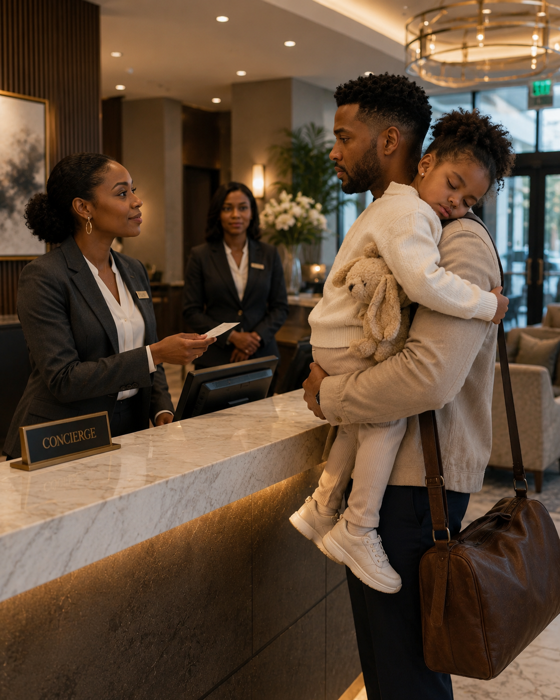 A widowed father was turned away at his own hotel with his sleeping daughter in his arms… but by the time the staff realized who he truly was, it was already too late