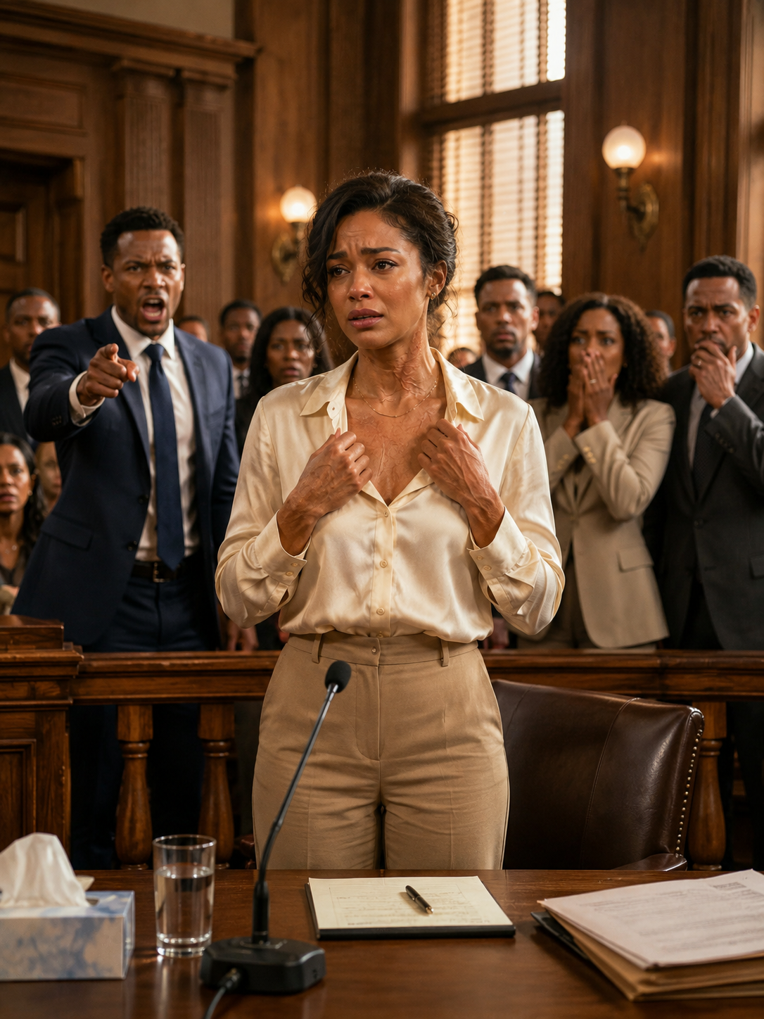 My husband strolled into our divorce hearing hand-in-hand with his mistress, basking in a smug victory he thought he’d bought with forged evidence and stolen wealth. He actually laughed, promising I’d leave the courtroom with nothing. But the exact moment I unbuttoned my silk blouse, the judge’s face drained of color and a suffocating silence gripped the entire room. That was the split second my husband realized his darkest nightmare was about to hit the light.