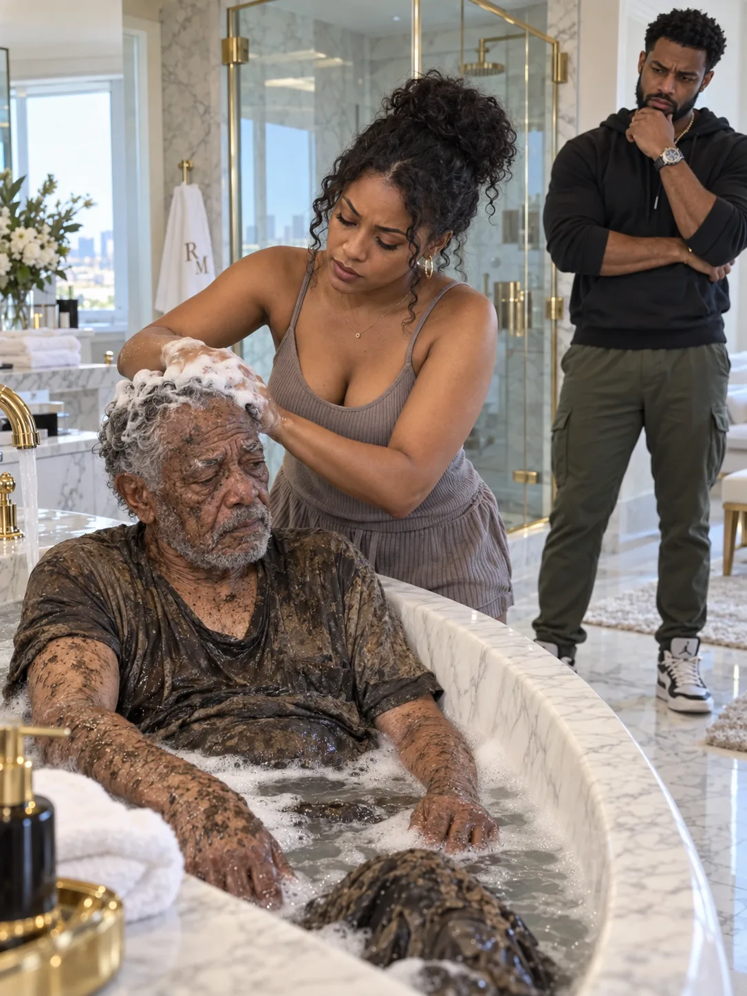 MY MILLIONAIRE HUSBAND BROUGHT A HOMELESS ELDERLY MAN HOME AND ORDERED ME TO BATHE HIM MYSELF