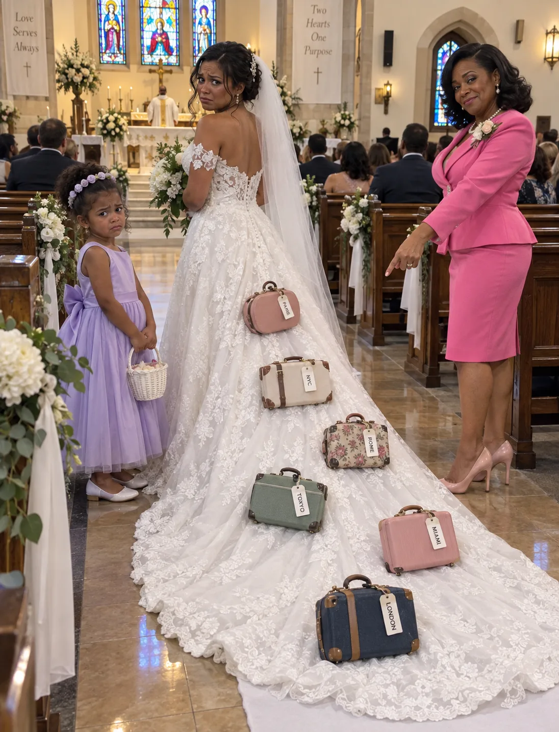 MY FUTURE MOTHER-IN-LAW SEWED TINY SUITCASES ALL OVER MY WEDDING TRAIN