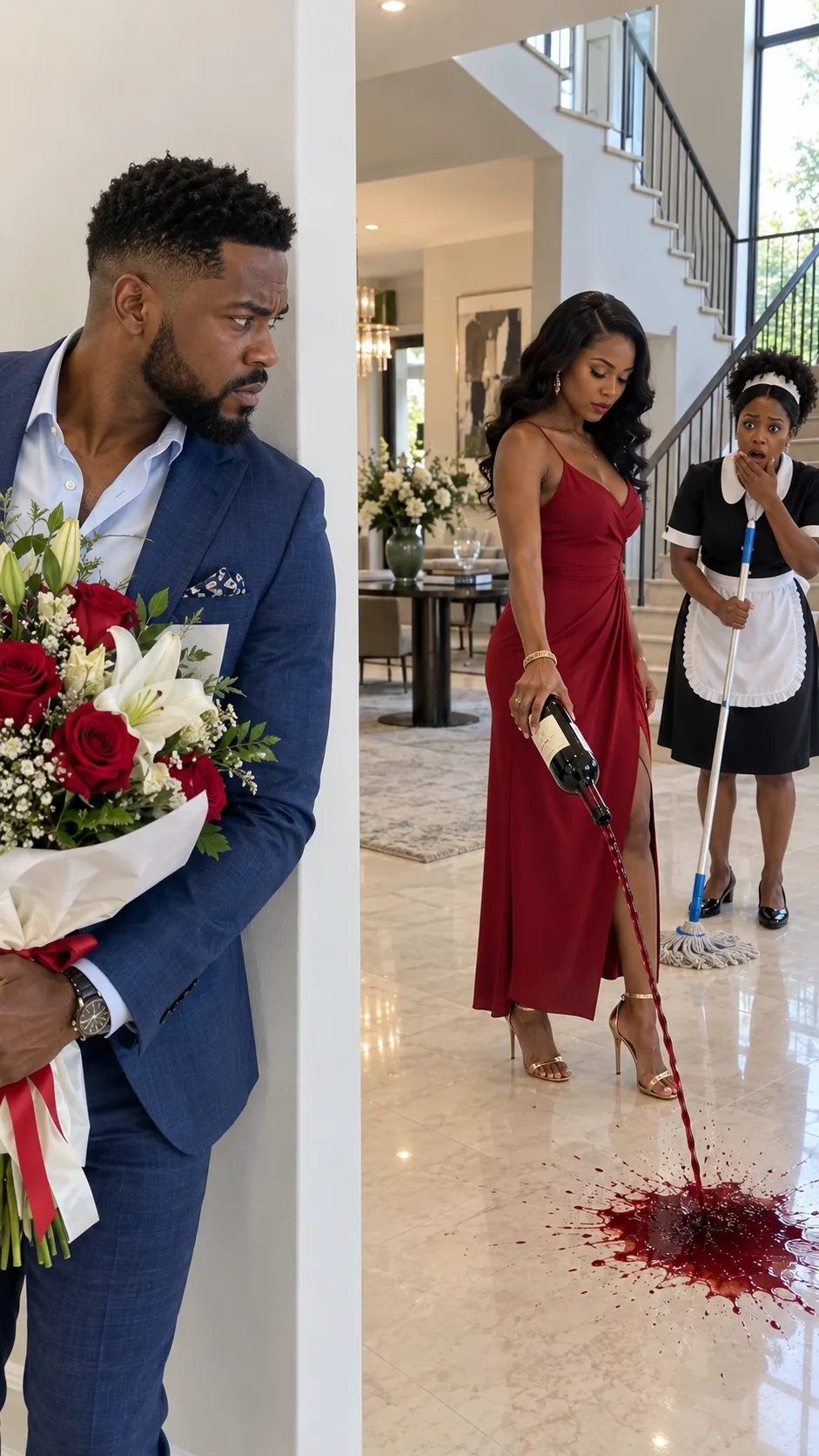 THREE WEEKS BEFORE THEIR WEDDING, ADRIAN CAME HOME EARLY AND SAW HIS FIANCÉE DELIBERATELY SPILL WINE AND ORDER THE HOUSEKEEPER TO CLEAN IT AGAIN.