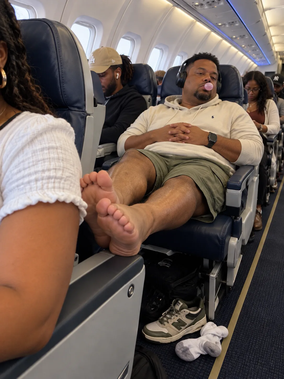 A MAN BEHIND ME PUT HIS SMELLY BARE FOOT
