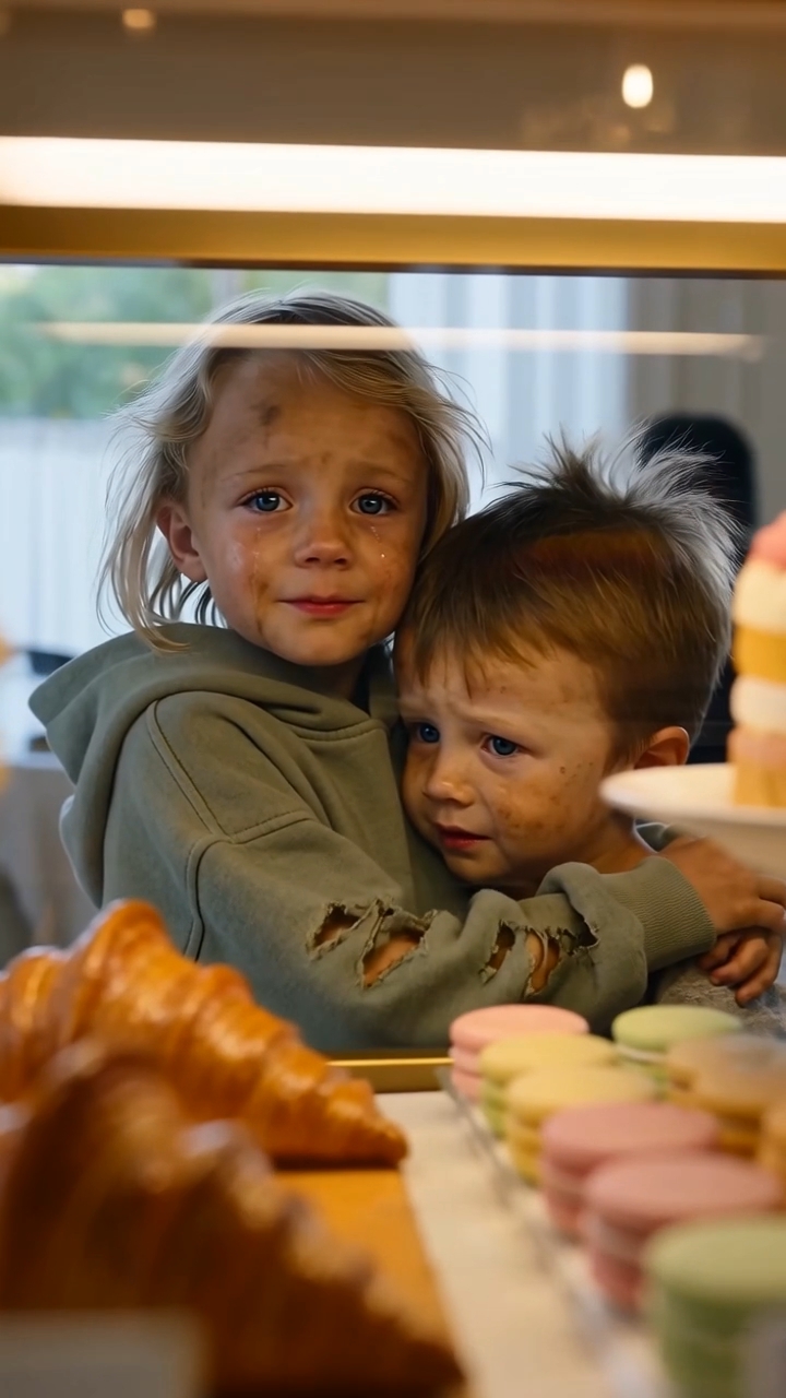 # The Children Were Thrown Out of a Luxury Bakery—Then the Man in the Gray Suit Stood Up  The little boy had not eaten in two days.  By the time he pressed both hands against the bakery window, he was too weak to ask for food.  He simply stared.  Behind the polished glass, rows of golden croissants glowed beneath warm amber lights. Chocolate tarts sat on silver trays. Strawberry cakes shimmered under perfect layers of glaze. Fresh bread filled the air with a rich, buttery smell that drifted through the doorway every time a customer entered.  To six-year-old Noah, it looked like heaven.  His older sister, Emma, pulled him gently away from the window.  “Don’t touch it,” she whispered.  Her voice shook.  She was only nine, but she had spent the past three weeks pretending to be much older.  Older people did not cry when they were hungry.  Older people did not admit they were scared.  Older people knew what to do when their mother disappeared and the landlord changed the locks.  At least, that was what Emma kept telling herself.  Noah looked up at her with wide, tired eyes.  “Do you think they throw the bread away at night?”  Emma swallowed.  “Maybe.”  “Could we wait outside?”  She glanced toward the sky.  Rain clouds had been gathering over the city since morning. The wind was already cold, pushing paper cups and dead leaves along the pavement.  They had slept behind a bus station the night before.  Noah had shivered so hard that Emma had taken off her sweater and wrapped it around him. Now she wore only a faded T-shirt beneath an oversized hoodie with a broken zipper.  Her bare feet were dark with street dirt.  So were Noah’s.  “We can’t wait until night,” she said.  Noah lowered his head.  His stomach growled loudly enough for both of them to hear.  Emma looked at the bakery again.  People sat at marble tables inside, drinking coffee from white porcelain cups. A woman in a cream coat cut a tiny piece from a pastry and left the rest untouched. A businessman scrolled through his phone while an entire plate of sandwiches sat beside him.  Nobody looked hungry.  Nobody looked afraid.  Emma took Noah’s hand.  “We’re just going to ask.”  His fingers tightened around hers.  “What if they get mad?”  “I won’t let anything happen to you.”  She had said those words many times.  She had said them when the landlord pounded on the apartment door.  She had said them when their mother failed to return from work.  She had said them when they discovered the emergency shelter was full.  Each time, the words had sounded less like a promise and more like a prayer.  The bakery door opened with a soft chime.  Warm air wrapped around them.  For one beautiful second, Noah smiled.  The scent of sugar and bread was stronger inside. Crystal lights hung from the ceiling. Gold trim framed the pastry displays. Fresh flowers stood in tall glass vases near the register.  Emma felt every eye turn toward them.  She saw their reflection in the polished glass.  Two dirty children in torn clothes.  Two children who clearly did not belong.  A young woman near the entrance pulled her handbag closer.  A man at a corner table frowned.  Emma kept walking.  Noah stopped in front of the croissants.  His eyes filled with tears.  “Emma,” he whispered.  “I know.”  A male employee behind the counter noticed them.  He was in his early thirties, with a white shirt, black tie, and perfectly clean apron. His name tag read: MICHAEL—FLOOR MANAGER.  He looked toward the customers, then back at the children.  His jaw tightened.  “Can I help you?”  Emma stepped in front of Noah.  She tried to stand straight.  “Do you have any old bread?”  Michael stared at her.  “What?”  “Bread you can’t sell anymore.”  A woman at a nearby table turned to listen.  Emma lowered her voice.  “My brother is hungry.”  Michael’s expression did not soften.  “This is a business.”  “I know.”  “You can’t come in here asking customers for money.”  “We didn’t.”  “Where are your parents?”  Emma looked down.  Noah grabbed the back of her hoodie.  Michael sighed.  “You need to leave.”  Emma glanced at the pastry case.  “We’re not trying to steal anything.”  “I didn’t say you were.”  “Then can we have something you’re going to throw away?”  A few customers shifted uncomfortably.  Michael looked embarrassed now, but not for the children.  For himself.  For the scene unfolding inside his perfect bakery.  “We don’t give food away at the counter.”  “Why?”  “Because we don’t.”  Noah began to cry.  He turned his face into Emma’s side, trying to hide the sound.  She wrapped both arms around him.  “It’s okay,” she whispered. “Don’t cry.”  But her own tears had already started falling.  Michael walked around the counter.  He kept his voice low.  “You kids can’t be in here. Where are your parents? You need to leave.”  Emma looked up at him.  “Our mom is coming back.”  It was the lie she told Noah every morning.  Maybe it was still true.  Maybe their mother was in a hospital somewhere.  Maybe she had lost her phone.  Maybe she was looking for them too.  Michael pointed toward the door.  “Now.”  Noah cried harder.  “I’m sorry,” Emma said quickly. “We’ll go.”  She turned, but he stumbled.  His knees buckled.  Emma caught him before he hit the floor.  A gasp moved through the bakery.  “Noah?”  His face had gone pale.  His eyes fluttered.  Emma dropped to her knees and held him against her chest.  “Wake up.”  Michael stepped back.  “I didn’t touch him.”  “Wake up!”  Emma shook her brother’s shoulder.  Noah’s head rolled weakly against her arm.  “He’s hungry,” she sobbed. “He just needs food.”  Nobody moved.  Then a porcelain cup clicked against a saucer.  At a table near the back, an elderly man in a tailored gray suit slowly stood.  He had silver hair, a straight posture, and the calm presence of someone accustomed to being heard without raising his voice.  He had been watching the entire exchange.  He walked toward the children.  Michael lifted a hand.  “Sir, please. We’re handling it.”  “No,” the man said. “You’re not.”  His voice was quiet.  The room became silent.  He knelt beside Emma.  Up close, she noticed that his eyes were kind but deeply tired.  “What’s his name?”  “Noah.”  The man touched two fingers to the boy’s neck.  “He’s breathing.”  Emma clutched Noah tighter.  “Please don’t call the police.”  The man looked at her.  “Why would I call the police?”  “They’ll separate us.”  Something changed in his face.  A flash of pain.  He took off his gray jacket and folded it beneath Noah’s head.  Then he looked toward Michael.  “Bring orange juice, warm milk, bread, and something with sugar.”  Michael hesitated.  “Sir, we can’t just—”  “I’ll pay for whatever they want.”  The words carried across the bakery.  Michael’s face turned red.  “That’s not the issue.”  The elderly man rose.  “Then what is the issue?”  Michael glanced toward the other customers.  “They came in barefoot. They’re disturbing people.”  The man looked around the room.  “Is anyone here disturbed by two hungry children receiving food?”  Nobody answered.  The woman in the cream coat lowered her eyes.  A young couple near the window shook their heads.  The man turned back to Michael.  “It appears the only person disturbed is you.”  “I’m following store policy.”  “Then your policy is cruel.”  Michael stiffened.  “You don’t understand. If we allow one person to come in asking—”  “One person?”  The man’s voice remained controlled, but the temperature in the room seemed to drop.  “She is nine years old.”  Emma looked up sharply.  “How did you know?”  The man studied her face.  “I’m good at guessing.”  For a second, he looked almost frightened by what he saw there.  Then Noah made a small sound.  His eyes opened.  “Emma?”  She cried with relief.  “I’m here.”  The elderly man knelt again.  “Drink slowly.”  A waitress arrived carrying juice, milk, bread, soup, and a plate of croissants. Her hands trembled as she placed them on a nearby table.  The man lifted Noah carefully into a chair.  Emma remained standing.  “You should eat too,” he said.  “I’m not hungry.”  Her stomach betrayed her with a loud growl.  A few customers smiled sadly.  The man pulled out a chair.  “That sounded hungry to me.”  Emma sat.  Noah grabbed a croissant, but the man gently stopped him.  “Small bites first.”  Noah nodded.  He tore off a piece and placed it in his mouth.  His entire expression changed.  For the first time that day, he looked like a child instead of someone surviving a disaster.  Emma watched him eat.  Only after he had swallowed several bites did she reach for a piece of bread.  The elderly man sat across from them.  “What’s your name?”  “Emma.”  “I’m Henry.”  She looked suspicious.  “Are you the owner?”  Michael answered before Henry could.  “No, he isn’t.”  Henry glanced at him.  “Not yet.”  Michael frowned.  The bakery doors opened, and two people entered carrying briefcases.  One was a middle-aged woman in a navy suit. The other was a younger man holding a tablet.  They walked directly toward Henry.  “Mr. Whitmore,” the woman said. “The board is waiting for your decision.”  Michael froze.  Henry Whitmore.  The name was written in gold lettering beneath the bakery’s logo.  Whitmore & Sons.  Founded 1968.  Michael’s face lost all color.  “You’re Henry Whitmore?”  Henry turned toward him.  “My father opened the first bakery with six chairs and one oven.”  The room went still.  Michael looked toward the employees behind the counter. None of them spoke.  Henry returned his attention to Emma.  “Eat.”  She held the bread but did not take another bite.  “Are we in trouble?”  “No.”  “Is he?”  Her eyes moved toward Michael.  Henry followed her gaze.  “That depends.”  Michael stepped forward.  “Mr. Whitmore, I’m sorry. I didn’t recognize you.”  Henry’s expression hardened.  “That is not what you should be sorry for.”  Michael opened his mouth but said nothing.  Henry stood.  “You were prepared to throw two starving children into the rain because you believed no one important was watching.”  “That’s not fair.”  “No?”  “They could have been lying.”  Emma’s face tightened.  Henry looked at her.  Then back at Michael.  “A hungry child should not need to prove suffering before receiving a piece of bread.”  Michael lowered his voice.  “We have standards.”  Henry slowly looked around the bakery.  At the marble floors.  The gold-framed glass.  The untouched food.  Then he said, “Standards without compassion are just expensive cruelty.”  Several customers began recording on their phones.  Michael noticed and grew more anxious.  Henry raised his hand.  “Put the phones away.”  People hesitated.  “These children are not entertainment.”  One by one, the phones disappeared.  Emma studied him.  Most adults stared at her as if she were a problem.  Henry looked at her as if she mattered.  The woman in the navy suit approached him.  “Should we postpone the meeting?”  “No.”  Henry glanced toward the office door.  “We’ll hold it here.”  Michael looked confused.  Henry removed his silver watch and placed it on the table.  “I came today because our investors want me to approve the sale of this company.”  A murmur spread through the bakery.  The employees exchanged worried glances.  Henry continued.  “They believe Whitmore & Sons has become too expensive to operate. They want to replace staff, reduce food donations, and turn every location into a luxury brand.”  He looked at Michael.  “I was told this branch represented the future.”  Michael swallowed.  Henry’s eyes moved to the children.  “Now I see what that future looks like.”  The woman in the navy suit opened her briefcase.  “Mr. Whitmore, the acquisition offer expires today.”  Henry did not look at her.  “How much unsold food did this location discard last night?”  Michael hesitated.  “I don’t have the number.”  A waitress behind the counter spoke softly.  “Forty-two sandwiches. Twenty-six loaves. More than sixty pastries.”  Michael turned toward her.  “Lucy.”  She looked frightened but continued.  “We throw away bags every night.”  Emma stopped chewing.  “You throw it away?”  Lucy nodded.  Noah stared at the croissant in his hands.  “Why?”  Nobody answered.  Henry looked at Michael.  “You told them there was nothing you could give.”  “I said we don’t give food away at the counter.”  “You had enough food to feed them for a week.”  “There are liability rules.”  The younger man with the tablet cleared his throat.  “Sir, that isn’t accurate. The company has an approved food donation programme. This branch reported zero donations for the last eight months.”  Henry’s face changed.  “Why?”  Lucy looked down.  Michael said nothing.  Henry waited.  Finally, Lucy whispered, “Mr. Cole said donating leftovers attracted homeless people.”  Michael turned toward her.  “You’re fired.”  “No,” Henry said.  The single word stopped him.  Michael looked at Henry.  “You are not in a position to fire anyone.”  Henry took a folded document from the woman’s briefcase.  He placed it on the table without reading it.  “This is the acquisition agreement.”  The woman nodded.  “Yes.”  Henry tore it in half.  A stunned silence followed.  Then he tore the halves again.  “I will not sell my father’s company to people who believe hunger damages a luxury image.”  The woman in the navy suit sighed.  “The board will not be pleased.”  “The board can meet me tomorrow.”  Henry turned toward the employees.  “Beginning tonight, every Whitmore bakery will donate all safe unsold food to shelters and community kitchens.”  The younger man typed quickly.  “Understood.”  “We will also establish a meal policy. Any child who enters one of our stores hungry will be fed. No interrogation. No humiliation. No requirement to purchase anything.”  Emma stared at him.  “You can do that?”  Henry smiled faintly.  “It seems I still can.”  Michael removed his apron.  “I suppose you’re firing me.”  Henry looked at him for a long moment.  “You humiliated frightened children. You ignored a medical emergency. You lied about company policy.”  Michael’s jaw tightened.  “You don’t know what it’s like managing this place. People take advantage.”  “Perhaps.”  Henry’s voice softened slightly.  “But you stopped seeing people.”  He nodded toward the office.  “You are suspended pending investigation. Leave your keys.”  Michael placed the keys on the counter.  Before leaving, he looked at Emma.  For the first time, his expression was not cold.  It was ashamed.  “I’m sorry.”  Emma did not answer.  Michael walked out into the rain.  Henry sat again.  “Now,” he said, “we need to find your mother.”  Emma immediately became tense.  “She’s coming back.”  “When did you last see her?”  Noah stopped eating.  Emma looked toward him.  Henry noticed.  “You can tell me quietly.”  “She went to work three weeks ago.”  “And didn’t return?”  “She said she was working late.”  “Where?”  “The Grand Elm Hotel.”  Henry glanced at the woman in the navy suit.  She was already taking out her phone.  Emma’s voice became urgent.  “She didn’t leave us. She wouldn’t.”  “I believe you.”  “The landlord said she ran away.”  Henry’s expression darkened.  “Where have you been staying?”  Emma said nothing.  Noah answered.  “Behind the buses.”  She turned toward him.  “You weren’t supposed to tell.”  Henry leaned back as though the words had struck him.  He closed his eyes briefly.  When he opened them, they were wet.  “My daughter once slept in a bus station.”  Emma stared.  “You have a daughter?”  “I did.”  The bakery seemed to fade around him.  Henry looked toward the rain-streaked windows.  “Her name was Rebecca. She was sixteen when we had an argument. I was proud, angry, and convinced that being a good father meant always being right.”  He paused.  “She left home.”  “Did she come back?” Noah asked.  Henry’s throat tightened.  “No.”  Emma lowered her eyes.  “I’m sorry.”  “So am I.”  The woman in the navy suit returned.  “The Grand Elm confirmed a woman named Sarah Reed worked in housekeeping. She collapsed during a shift twenty-one days ago.”  Emma stood so quickly that her chair scraped the floor.  “Where is she?”  “St. Matthew’s Hospital.”  “Is she alive?”  The woman hesitated.  Henry rose.  “Get the car.”  Emma grabbed Noah’s hand.  “We have to go.”  Henry stopped her.  “You’re coming with me.”  The ride to the hospital felt endless.  Emma sat beside Noah in the back of Henry’s black sedan. She pressed her forehead against the window as buildings blurred past.  Henry made phone calls from the front seat.  At the hospital entrance, a social worker was waiting.  Her expression was serious.  “Sarah Reed suffered a brain haemorrhage,” she explained. “She arrived without identification. She was unconscious for almost two weeks.”  “Why didn’t anyone find us?” Emma asked.  The social worker crouched to her level.  “She woke up four days ago, but she was confused. She remembered having children, though she couldn’t remember the address.”  “Can we see her?”  “Yes.”  Emma ran down the corridor.  She did not wait for the adults.  She saw her mother through the open doorway.  Sarah looked smaller than Emma remembered. Her hair had been cut near the side of her head. A pale scar curved above her ear.  She was sitting up in bed, staring at the rain.  “Mom?”  Sarah turned.  For one terrible second, there was no recognition in her eyes.  Then she gasped.  “Emma?”  Noah pushed past his sister.  “Mommy!”  Sarah began sobbing.  The children climbed onto the bed and wrapped themselves around her.  “I looked for you,” Emma cried. “I waited.”  “I’m sorry.”  Sarah kissed their dirty faces again and again.  “I’m so sorry.”  Henry stood in the doorway.  He covered his mouth with one hand.  Sarah noticed him.  “Who are you?”  Emma turned.  “He gave us bread.”  Noah held up the remains of his croissant, which he had carried all the way from the bakery.  “He gave us everything.”  Henry looked away.  The social worker quietly explained the situation.  Sarah’s relief changed to horror when she learned where the children had slept.  “I failed you.”  Emma shook her head.  “You got sick.”  “I should have had a plan.”  “We’re together now.”  Sarah pulled them closer.  Later that afternoon, Henry learned that the family had been evicted two days after Sarah’s disappearance. Their belongings had been removed. Their landlord claimed he believed they had abandoned the apartment.  Henry’s lawyers disagreed.  Within a week, the landlord faced legal action.  Sarah was moved to a rehabilitation clinic.  Emma and Noah were placed temporarily in a small family residence nearby, with daily visits to their mother.  Henry paid for none of it anonymously.  He wanted no headlines.  But the story spread anyway.  Not because of a phone video.  Because Lucy, the waitress, wrote a post about what had happened.  She did not include the children’s names or photographs.  She wrote only:  “Today, two hungry children entered a place filled with food. We nearly sent them back into the rain. One man reminded us that kindness should never depend on whether someone can pay.”  Within days, the post had been shared millions of times.  People began leaving suspended meal cards at Whitmore bakeries. Customers could buy an extra breakfast for anyone who needed it.  Other restaurants copied the idea.  Food waste at the company dropped by nearly seventy percent.  Henry created the Rebecca Whitmore Foundation in memory of his daughter. It funded emergency housing for families facing sudden illness or eviction.  Months later, Sarah was strong enough to work again.  Henry offered her a position coordinating food donations across the bakery chain.  She accepted.  Emma returned to school.  Noah stopped hiding food in his pockets, although it took a long time.  On the first anniversary of the day they entered the bakery, Henry invited the family to the original Whitmore location.  The gold-trimmed display still glowed.  The floors still shone.  But near the entrance stood a long wooden table with baskets of free bread.  A small sign read:  TAKE WHAT YOU NEED. LEAVE WHAT YOU CAN.  Emma stood in front of it.  “You changed the whole bakery.”  Henry shook his head.  “You did.”  “I only asked for old bread.”  “Yes.”  “And I almost let you leave without it.”  He looked toward a framed photograph on the wall.  It showed a smiling teenage girl with dark curls.  Rebecca.  Emma reached for Henry’s hand.  “You couldn’t save her.”  His eyes filled.  “No.”  “But you saved us.”  Henry looked down at her.  “No, Emma. You saved me from becoming the kind of man who could walk past suffering and call it someone else’s problem.”  Noah appeared beside them carrying a plate piled high with croissants.  “Can I really have two?”  Henry smiled.  “You can have three.”  Sarah laughed from across the room.  “Two is enough.”  Noah considered both adults.  Then he broke the third croissant in half and offered one piece to Henry.  “You can share.”  Henry accepted it.  Around them, the bakery filled with customers.  A construction worker picked up a free sandwich.  An elderly woman left five dollars in the donation jar.  A young mother took bread for her children.  Nobody stared.  Nobody asked them to prove they were hungry.  Emma looked through the glass doors at the rain outside.  A year earlier, she had stood on the other side holding her brother’s hand, terrified to enter.  Now the doors were open.  And above them, written in simple gold letters, was Henry’s new promise:  NO CHILD LEAVES HUNGRY.  Emma squeezed his hand.  For the first time in a long time, she believed some promises could be kept.