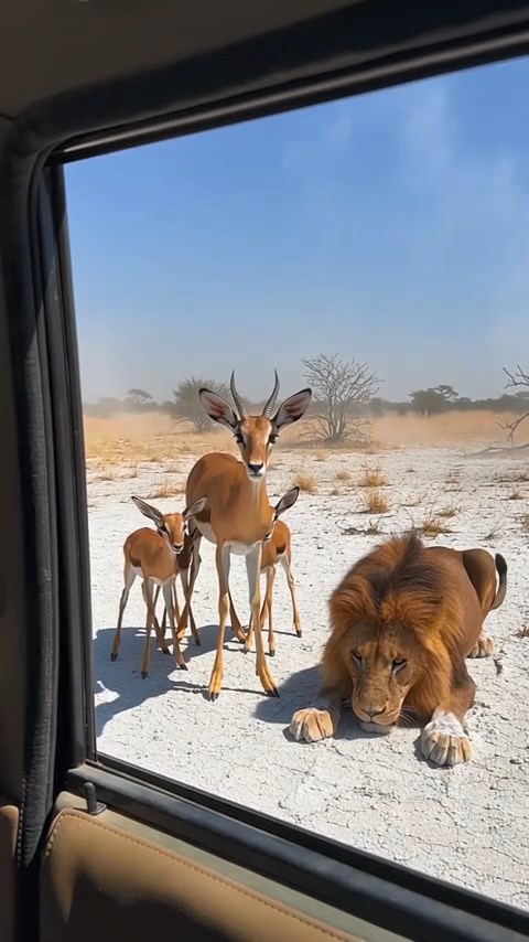 # THE LION LOWERED HIS BODY TO ATTACK—BUT THE MOTHER GAZELLE REFUSED TO MOVE  The first thing Daniel noticed was that the guide had stopped talking.  For nearly two hours, Samuel had narrated everything they passed across the vast African plain—acacia trees bent by years of wind, distant giraffes moving like shadows against the horizon, zebra tracks crossing the pale earth, even the tiny holes where insects disappeared beneath the sand.  Then, without warning, Samuel went completely silent.  The safari Jeep slowed.  The engine dropped to a low mechanical rumble.  Daniel looked up from his camera.  “What is it?”  Samuel didn't answer.  He simply lifted one hand.  Stay quiet.  Daniel followed his gaze through the open side of the Jeep.  At first, he saw nothing.  The landscape seemed almost empty beneath the brutal midday sun. White, dusty ground stretched toward the horizon, interrupted only by scattered patches of yellow grass and a few dark shrubs.  Then something moved.  A tail.  Daniel's stomach tightened.  Less than forty yards from the Jeep, a massive male lion was lying almost completely flat against the pale earth.  Its golden body blended surprisingly well into the landscape.  But the mane didn't.  Dark brown hair surrounded the lion's enormous head and shoulders. Dust clung to its fur. Its ears were angled forward.  Its eyes were fixed on something.  Daniel slowly lifted his phone.  Samuel immediately whispered:  “Don't make any sudden movements.”  Daniel nodded.  His thumb pressed record.  The metal-and-leather frame of the Jeep window remained visible along the bottom of the image.  Beyond it, the lion lowered itself another inch.  Every muscle in its body seemed compressed.  Waiting.  Daniel moved the phone slightly to the right.  And finally saw what the lion was watching.  A gazelle.  She stood almost perfectly still.  But she wasn't alone.  Behind her were several tiny calves.  They were so small that Daniel hadn't noticed them at first. Their thin legs seemed almost too delicate to support their bodies.  One pressed against another.  Another shifted nervously.  The mother stood directly between them and the lion.  Daniel felt the mood inside the Jeep change instantly.  A moment earlier, they had been watching a predator hunt.  Now they were watching a mother protect her young.  “Oh God,” whispered Claire from the seat behind him.  Samuel turned.  “Quiet.”  The lion moved.  Not much.  One paw slid forward through the dust.  Then another.  Its belly remained almost touching the ground.  The gazelle didn't run.  Daniel couldn't understand it.  Everything he'd ever seen in wildlife documentaries told him that prey animals survived by fleeing.  Speed was their defense.  Distance was life.  But this gazelle was doing the opposite.  She was standing still.  Facing the lion.  Daniel whispered to Samuel:  “Why isn't she running?”  Samuel kept his eyes on the animals.  “The young ones.”  “What about them?”  “They're too small.”  Daniel looked again.  Samuel continued quietly.  “If she runs, the lion may choose one of them.”  Daniel swallowed.  “So she's staying?”  Samuel nodded once.  “She is making herself the target.”  Daniel looked back through his phone screen.  The sentence changed everything.  The gazelle wasn't frozen because she didn't understand the danger.  She understood it perfectly.  She was choosing not to leave.  The lion crawled closer.  Thirty-five yards.  Maybe thirty.  Its tail lifted slightly, then dropped.  The calves shuffled behind their mother.  She immediately stepped sideways, blocking them again.  The lion stopped.  Daniel realized the predator was watching that movement.  Testing her.  Waiting for panic.  The gazelle lifted her head.  Her ears twitched.  Her chest rose and fell rapidly.  She was terrified.  That was what made the scene so difficult to watch.  This wasn't some fearless creature unaware of death.  She knew exactly what was crouching in front of her.  And she stayed anyway.  Nobody in the Jeep spoke.  Daniel could hear the wind moving over the dry plain.  The quiet clicking of the cooling engine.  Someone breathing behind him.  Then the lion made a low sound.  Not the enormous roar people imagined from movies.  Something quieter.  Deeper.  Almost like distant thunder trapped inside its chest.  One of the calves jerked backward.  The mother instantly repositioned herself.  The lion's eyes followed.  Daniel's phone trembled slightly.  He tried to steady it against the window frame.  “Is it going to attack?” Claire whispered.  Samuel didn't answer immediately.  Then:  “Yes.”  Daniel turned toward him.  “You're sure?”  Samuel's expression was serious.  “Look at the shoulders.”  Daniel looked.  The lion's hind legs were slowly gathering beneath its body.  Its head lowered.  Its shoulders tightened.  Every part of the animal seemed to be turning into a spring.  Daniel had watched lions on television since childhood.  But television had never communicated the size.  This animal was enormous.  Even crouched down, its head looked massive.  Its paws seemed impossibly broad.  There was nothing theatrical about it.  No dramatic soundtrack.  No slow motion.  Just muscle, hunger and distance.  The gazelle stood in front of her calves.  Twenty-five yards separated them now.  Daniel found himself silently begging her to run.  Run.  Run now.  But she didn't.  The lion shifted again.  The gazelle stamped one front hoof.  Samuel's eyebrows lifted.  Daniel noticed.  “What?”  “She warned him.”  Daniel almost laughed from disbelief.  “Warned a lion?”  Samuel nodded.  “She is telling him she sees him.”  The lion stared back.  The mother gazelle stamped again.  Dust rose around her hoof.  The calves remained packed together behind her.  For several seconds, predator and prey simply watched each other.  Then something extraordinary happened.  The gazelle stepped forward.  Daniel stopped breathing.  “Did she just—”  “Yes.”  Another step.  The lion's head lifted slightly.  The mother gazelle had reduced the distance between them.  Samuel whispered something Daniel couldn't hear.  “What?”  Samuel shook his head.  “I've seen mothers defend calves before.”  He paused.  “But not like this.”  The lion's ears moved backward.  Its tail flicked sharply.  The gazelle lowered her horns.  Daniel suddenly understood what she was doing.  She wasn't trying to defeat the lion.  She couldn't.  She was making the attack expensive.  If the lion wanted those calves, it would first have to come through her horns.  For a predator, injury could mean starvation.  A damaged eye.  A punctured shoulder.  A broken leg.  Any of those could eventually kill even a lion.  The gazelle was gambling that the predator would calculate the risk.  But the lion didn't retreat.  It moved closer.  Twenty yards.  Daniel's heartbeat seemed louder than the engine.  He checked the phone.  Still recording.  The footage looked unreal.  The Jeep window at the bottom.  The brilliant blue sky.  The white earth.  The huge lion crouched low.  The gazelle standing between death and her calves.  Nothing moved quickly.  That somehow made it worse.  Every second stretched.  The lion's mouth opened slightly.  Daniel could see its teeth.  One calf tried to move around its mother's left side.  She stepped backward and pushed it behind her with her body.  The lion immediately leaned toward that side.  The gazelle turned with it.  Left.  Right.  The predator tested.  The mother answered.  It felt less like a chase and more like a chess match where one mistake meant death.  Then the wind changed.  Dust swept toward the Jeep.  The gazelle's scent must have reached the lion.  Its nostrils moved.  Its head lowered further.  Samuel's voice became barely audible.  “It's coming.”  Daniel tightened his grip on the phone.  The lion's hindquarters rose slightly.  The mother gazelle seemed to recognize the same signal.  She lowered her head.  The calves disappeared almost completely behind her.  Five seconds passed.  Ten.  Fifteen.  Nobody inside the Jeep moved.  Then the lion exploded forward.  Claire gasped.  Daniel nearly dropped the phone.  The predator covered several yards with frightening speed.  Dust burst beneath its paws.  The mother gazelle didn't flee.  She charged.  Straight toward the lion.  Daniel heard himself shout.  The two animals raced toward each other.  At the final moment, the gazelle snapped her head upward.  The lion twisted sideways.  One horn passed close beneath its jaw.  The lion threw a paw.  The gazelle spun away.  Dust swallowed both animals.  For a terrifying second, Daniel couldn't see anything.  Then the gazelle burst from the cloud.  Still standing.  The lion emerged several yards away.  It turned.  The mother turned too.  And once again, she placed herself between the lion and her calves.  Daniel couldn't believe it.  Neither could anyone else.  “Oh my God,” Claire whispered.  Samuel said nothing.  The lion stared at the gazelle.  The gazelle stared back.  The first confrontation had lasted less than two seconds.  But something had changed.  The lion was no longer looking only at prey.  It was evaluating risk.  The mother had shown him exactly what the hunt would cost.  The lion began circling.  The gazelle pivoted with it.  Behind her, the calves moved as one frightened cluster.  The predator stopped.  Then suddenly sprinted toward the right.  The mother reacted instantly.  She cut across the space before the lion could reach the calves.  Again, the lion stopped short.  Daniel realized she wasn't merely brave.  She was reading him.  Every feint.  Every shift of weight.  Every attempt to find an opening.  She stayed between him and the young.  Again and again.  The sun burned overhead.  Minutes passed.  The standoff continued.  Daniel's arm began aching from holding the phone.  He refused to lower it.  Eventually, the lion sat down.  The change was so unexpected that Daniel almost thought the confrontation was over.  Samuel didn't.  “Keep watching.”  The lion panted.  The gazelle remained standing.  Neither relaxed.  Then the lion stood again.  But instead of approaching the calves, it walked slowly to the left.  Ten yards.  Fifteen.  Twenty.  The gazelle followed with her eyes.  The lion stopped once and looked back.  The mother didn't move.  Another twenty yards.  The lion looked back again.  Still she stood.  Finally, the predator continued across the white plain.  Its huge mane moved gently in the wind.  It became smaller.  Then smaller again.  Only when it had covered a considerable distance did the mother gazelle turn toward her calves.  One immediately pressed against her side.  Another pushed beneath her belly.  The smallest stood directly beneath her neck.  Daniel lowered his phone.  Nobody celebrated.  Nobody clapped.  The moment felt too intimate for that.  Claire wiped her eyes.  Daniel looked toward Samuel.  “Did she win?”  Samuel considered the question.  Then he shook his head.  “Nature isn't a game.”  Daniel looked toward the retreating lion.  Samuel continued.  “The lion is hungry. He has to eat too.”  That answer stayed with Daniel.  The lion hadn't been evil.  The gazelle hadn't been heroic in the human sense.  Neither animal had chosen the rules.  One was trying to survive by hunting.  The other was trying to survive by protecting.  For a few extraordinary minutes, those needs had collided on a piece of white earth beneath an empty blue sky.  The Jeep remained parked.  The gazelle finally began moving.  Slowly.  She led the calves toward scattered scrub in the distance.  But she didn't simply walk away.  Every few steps she stopped.  Looked back.  Checked the horizon.  Then continued.  Daniel lifted his phone one last time.  The mother and calves gradually became smaller.  The lion was barely visible in the opposite direction.  Two lives moving away from each other.  Both still alive.  That evening, back at the lodge, Daniel watched the recording.  The video lasted much longer than the short clips he normally posted.  Most of it contained almost no action.  A lion crouched.  A gazelle stood.  Tiny calves shifted behind her.  Wind crossed the microphone.  That was it.  Yet Daniel couldn't stop watching.  He trimmed ten seconds from the beginning.  Not the charge.  Not the clash.  The standoff.  The lion compressed against the ground.  The mother facing him.  The calves behind her.  He uploaded it with one sentence:  **“She could have run. She chose to stand between him and her babies.”**  Then Daniel went to dinner.  When he returned an hour later, his phone had hundreds of notifications.  By midnight, the clip had crossed a million views.  By morning, it had spread far beyond his account.  People reposted it.  Wildlife pages discussed it.  Parents shared it.  Some viewers insisted the gazelle had no chance.  Others argued that the lion was bluffing.  Thousands asked the same question:  **“WHAT HAPPENED NEXT?”**  Daniel posted the longer footage.  Millions watched the mother step toward the lion.  Millions watched the first charge.  Millions watched the dust rise.  And millions watched her emerge from it and immediately reposition herself in front of the calves.  The comments poured in.  “She didn't even check herself. She checked the babies.”  “That is motherhood.”  “I thought she was frozen until I realized she was deliberately blocking them.”  “I've never wanted both animals to survive so badly.”  But wildlife experts added important context.  They explained that protective behavior in antelope can involve confronting predators, particularly when vulnerable young cannot escape effectively. They also pointed out that predators must constantly weigh energy and injury risk.  A hunt isn't free.  An injury can be catastrophic.  The mother didn't need to overpower the lion.  She only needed to convince him there might be easier prey somewhere else.  That explanation made Daniel appreciate the encounter even more.  What looked like blind courage may have been something more ancient.  Instinct.  Calculation.  Maternal defense shaped over countless generations.  But there was one detail Daniel hadn't noticed while filming.  It was buried near the end of the footage.  A viewer spotted it first.  Daniel received thousands of messages telling him to look at the final twenty seconds.  He opened the original recording.  The lion was already walking away.  The mother stood with her calves.  Daniel zoomed in.  Nothing.  Then he noticed movement near a patch of dry grass behind the family.  Another gazelle.  An adult female.  She had been crouched low enough to remain nearly invisible.  Beside her was another tiny calf.  Daniel replayed the video.  Then again.  The mother facing the lion hadn't been protecting only the young directly behind her.  There had been another vulnerable calf nearby.  Whether the animals belonged to the same group or whether the second female's position had simply overlapped with the confrontation, Daniel couldn't know.  But it made the geometry of the standoff suddenly clearer.  Running wasn't necessarily a simple escape.  The entire area contained vulnerable young.  Daniel called Samuel.  “Did you see the other one?”  Samuel was quiet.  Then:  “Yes.”  “You knew?”  “I noticed later.”  Daniel asked the question that had been bothering him.  “Do you think she knew?”  Samuel laughed softly.  “Daniel, that's the problem with people watching wildlife.”  “What?”  “We always want animals to explain themselves.”  Daniel looked again at the frozen frame.  The lion.  The mother.  The calves.  Samuel continued.  “She doesn't need our story.”  That sentence changed the way Daniel viewed his own viral video.  Millions of strangers had turned ten seconds of wildlife behavior into a human metaphor.  Courage.  Parenthood.  Sacrifice.  Defiance.  Some of those interpretations were beautiful.  But the animals themselves didn't need any of them.  They had existed long before Daniel's Jeep arrived.  Long before his phone started recording.  Long before anyone clicked “share.”  The lion had been hungry.  The gazelle had young animals behind her.  And for one moment on an enormous African plain, neither was willing to surrender.  Months later, Daniel said he remembered surprisingly little about the rest of that safari.  He had photographs of elephants.  Giraffes.  Zebras.  A spectacular sunset.  But when people asked what he'd never forget, he always returned to those first ten seconds.  Not the charge.  The silence before it.  Because from inside the Jeep, he had expected the mother to run at any moment.  Every instinct in his own body wanted her to.  The lion was bigger.  Stronger.  Built to kill prey like her.  The open plain offered almost nowhere to hide.  Behind her stood several tiny animals that seemed hopelessly fragile.  And still she remained.  Daniel remembered the lion lowering its body.  The muscles tightening.  The tail moving.  The mother lifting her head.  The calves pressing together.  The wind sliding across the white sand.  Two animals staring across twenty yards of empty ground.  Neither knowing what the next few seconds would bring.  That was the image people kept sharing.  Not because anyone believed the gazelle could defeat a lion.  But because she didn't need to.  For those few minutes, she only had to remain exactly where she was.  Between danger and the lives behind her.  Daniel eventually printed one frame from the video.  He didn't choose the dramatic moment when both animals charged.  He chose the quietest frame.  The lion crouched low on the left.  The gazelle standing on the right.  The calves almost hidden behind her legs.  Across the bottom was the dark edge of the Jeep window—a reminder that a human being had witnessed the encounter from only a short distance away.  He kept the photograph without a caption.  Because every caption he tried seemed to make the moment smaller.  Sometimes visitors looked at it and immediately asked:  “What happened?”  Daniel would tell them.  The lion charged.  The mother confronted him.  The lion eventually moved away.  The calves survived that encounter.  Then they usually smiled.  But Daniel always added one thing.  “That's not the part I remember.”  They would look confused.  “What do you remember?”  Daniel would point toward the mother gazelle in the photograph.  “That.”  Her standing there.  Before anyone knew how it would end.  Before there was a viral video.  Before millions of people had opinions about what her behavior meant.  Before the dust exploded beneath the lion's paws.  A predator prepared to charge.  Several vulnerable young stood behind their mother.  And on a vast, sun-bleached plain where survival could change in seconds, one small animal faced something far stronger than herself...  and refused to give it an easy path to her young.