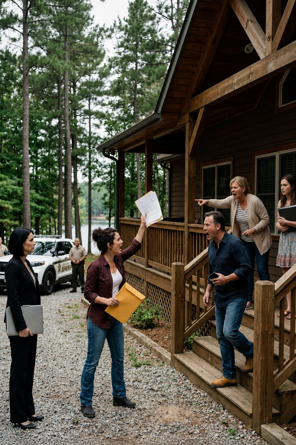 At the lake house, my parents and sister shouted at me from the porch, "Get away from Ashley's property, you homeless addict!"