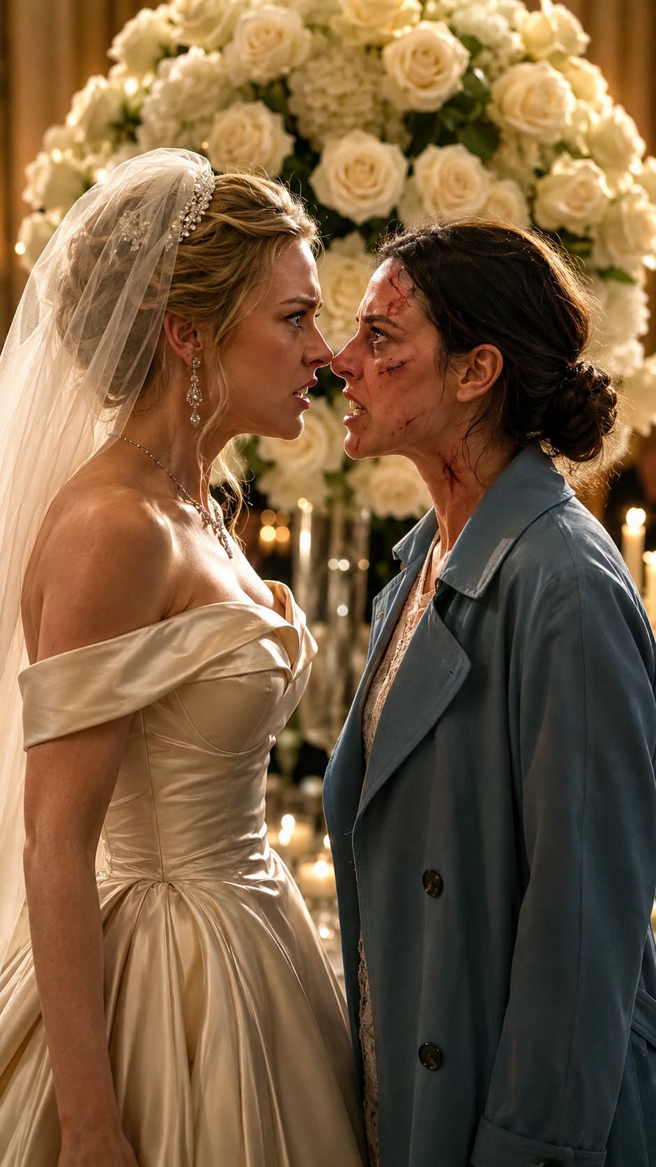 I stood in my wedding dress, surrounded by white roses, when the woman I had buried in my past walked toward me with blood on her face. “Don’t marry him,” she whispered, grabbing my veil. “He did this to me—and you’re next.” The room fell silent as my fiancé’s smile vanished. I looked at her shaking hands, then at him, and realized my perfect wedding had been a trap.