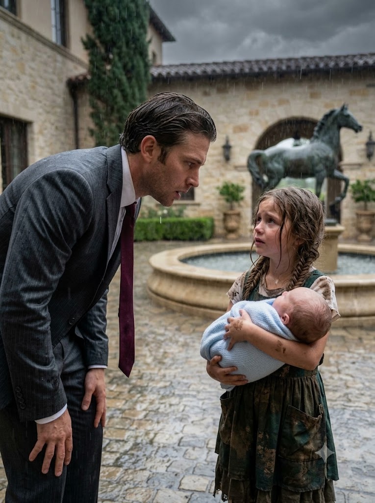 “Sir, I found your son beside the dumpster outside your mansion,” a soaking wet little girl said as she held a baby wrapped inside a black trash bag. The billionaire, who had been declared sterile twelve years earlier, didn’t panic.
