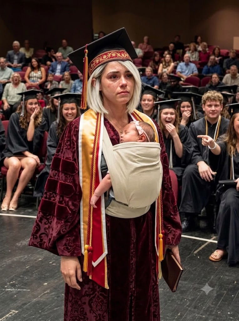 They burst into laughter the instant I stepped onto the graduation platform carrying a newborn in my arms. Someone seated behind me even muttered, “Just like its mother…” But the principal’s next words instantly silenced everyone.