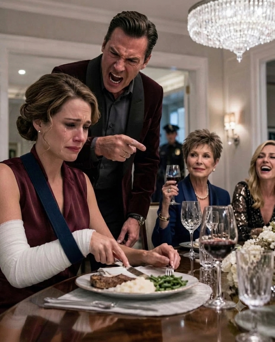 At dinner, I sat with my arm in a cast while my mother-in-law toasted, “My son finally taught you a lesson.” My sister-in-law laughed. “She thought she ran this house.” I only smiled. Thirty minutes later, the doorbell rang and my husband learned who truly owned everything.