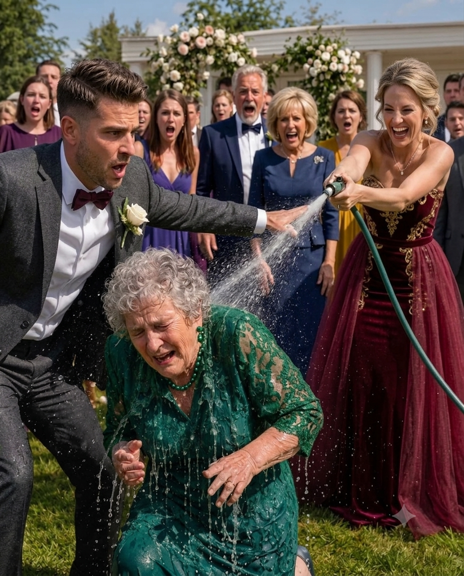 At my wedding, my bride’s family pointed at my mother and laughed. “Look at that pathetic poor woman,” her father sneered. My fiancée grabbed a garden hose. “Let me wash the smell of poverty off her.” The freezing water struck my mother as the guests cheered.