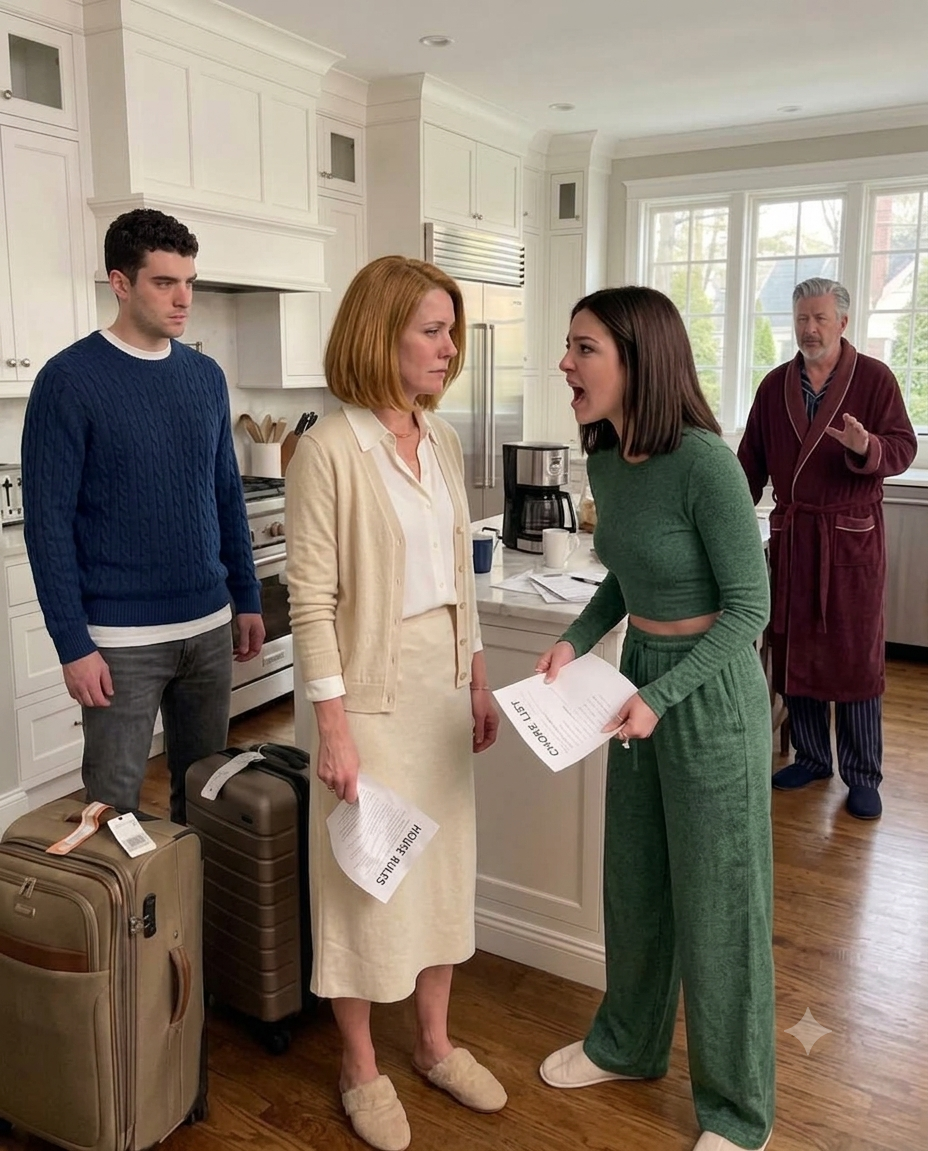 My husband’s daughter arrived late at night with her husband, two suitcases, and the confidence that our home was already hers. She handed me a list of chores while my husband stood silent. I felt humiliated, but I smiled and said, “Okay.” At 6 a.m., everything changed.