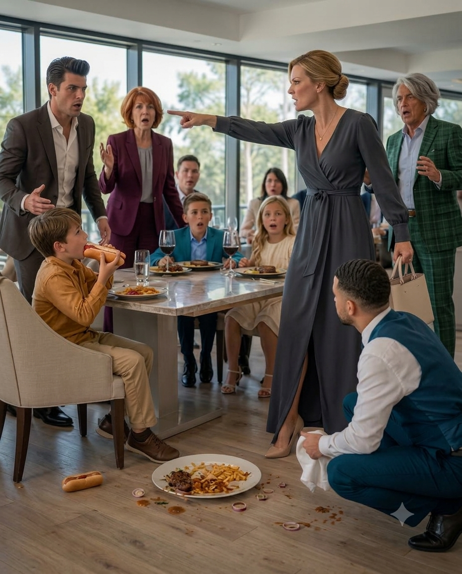 My brother gave my son a hotdog while his kids ate $120 steaks, and mom told me I should have packed food, so when the waiter returned, I stood up and made one announcement that silenced everyone…