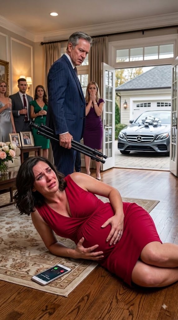 I arrived at my sister’s anniversary party eight months pregnant, never imagining my own father would turn against me. He handed my $60,000 Mercedes keys to my brother-in-law and said, “It’s their anniversary gift.” When I demanded them back, Dad slammed a heavy camera tripod into my stomach. I collapsed as my water broke. Then I called my husband—and when the front door suddenly opened, everyone froze. - True Stories