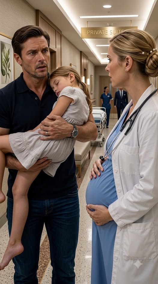 My ex rushed into my ER carrying his injured daughter, only to find me—the doctor he abandoned—seven months pregnant with his baby. I didn’t cry. I stayed completely professional. “I’m Dr. Clara,” I said, ignoring his eyes staring at my belly. But when his daughter whispered one simple sentence, his face went completely pale…