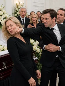 My brother punched me at Dad’s funeral because I refused to hand him the safe key. Blood covered my black dress while relatives dragged him away. “She’s stealing my inheritance!” he screamed. I opened the safe in front of everyone. Inside was no money—only documents proving he had emptied Dad’s accounts months earlier.