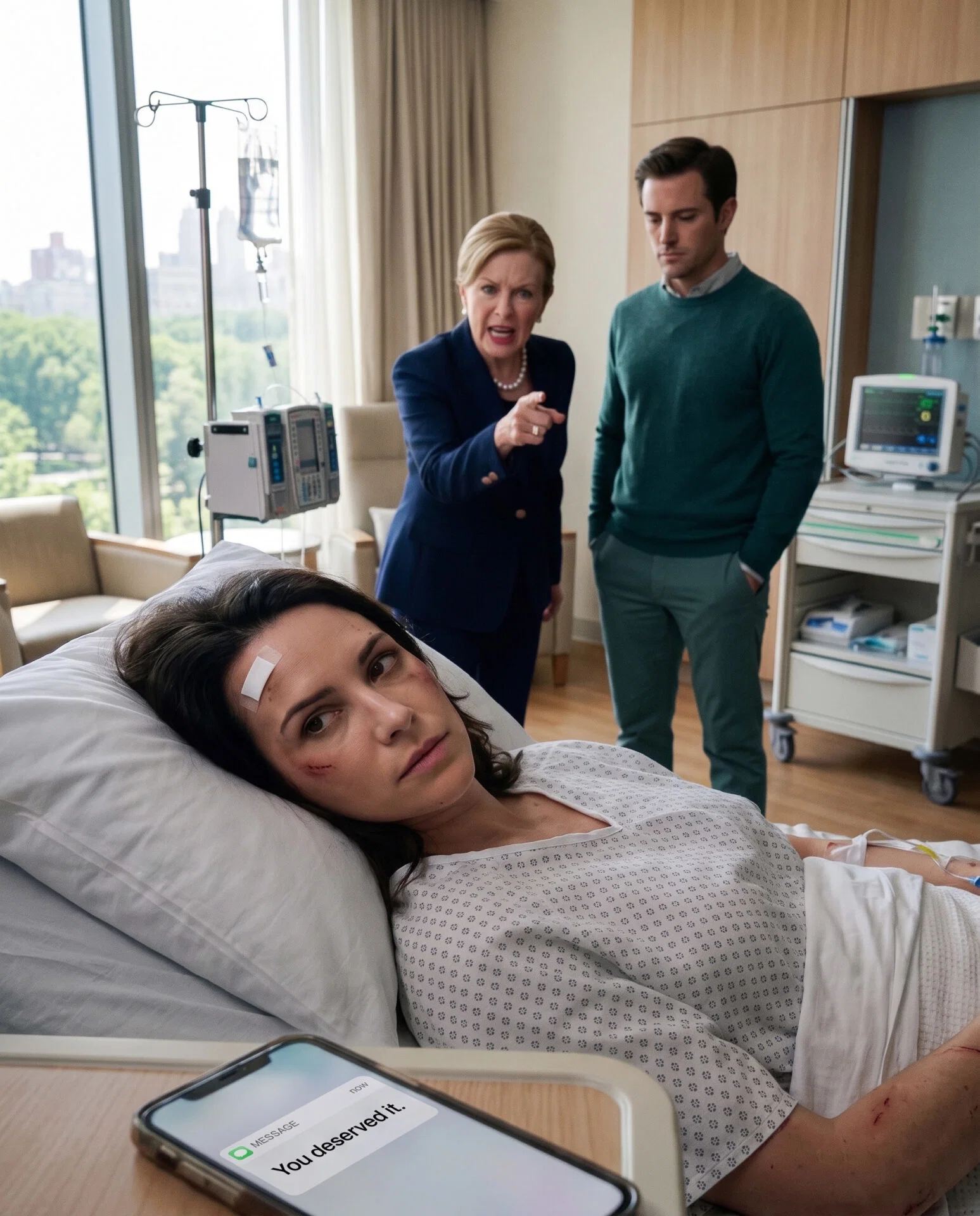 “You deserved it,” my husband texted after a confrontation with his mother left me in a hospital bed. They thought I would stay quiet… that I had nowhere to go and nothing I could do. The next morning,