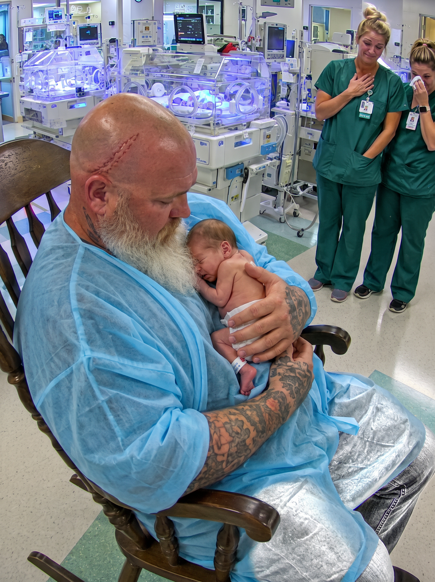 The entire NICU fell silent when a massive tattooed biker asked to hold the newborn no one had ever visited. But after he remained in the same chair for 12 hours, the nurses noticed something on his wrist that revealed a devastating secret.