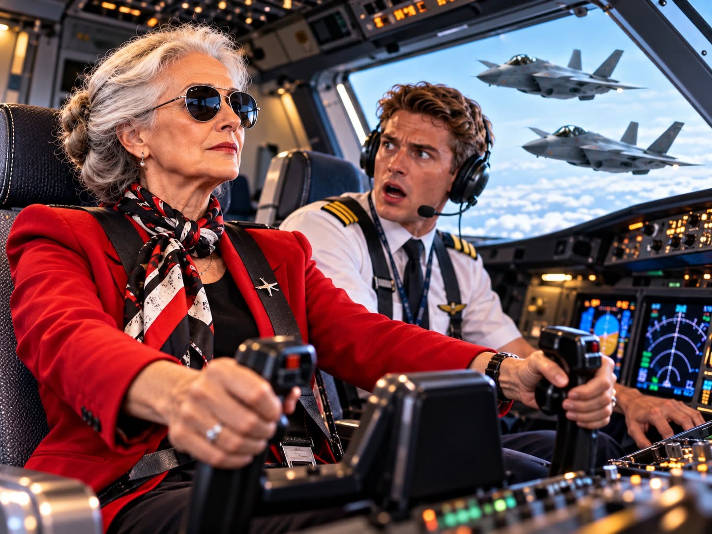 THE YOUNG CO-PILOT LOOKED AT THE GRAY-HAIRED GRANDMOTHER IN THE BRIGHT RED JACKET AND THREATENED TO HAVE HER ARRESTED WHEN SHE WARNED HIM HIS CAPTAIN WAS UNCONSCIOUS, THE LEFT ENGINE WAS FAILING, AND THE PLANE WAS LOSING CONTROL—BUT MINUTES LATER, PAULINE SANDERS WAS SITTING IN THE COCKPIT WHILE TWO F-35S ESCORTED THE AIRCRAFT AND A MILITARY PILOT ASKED FOR HER CALL SIGN. WHY DID THE ENTIRE RADIO GO SILENT WHEN SHE ANSWERED, “WIDOW SIX