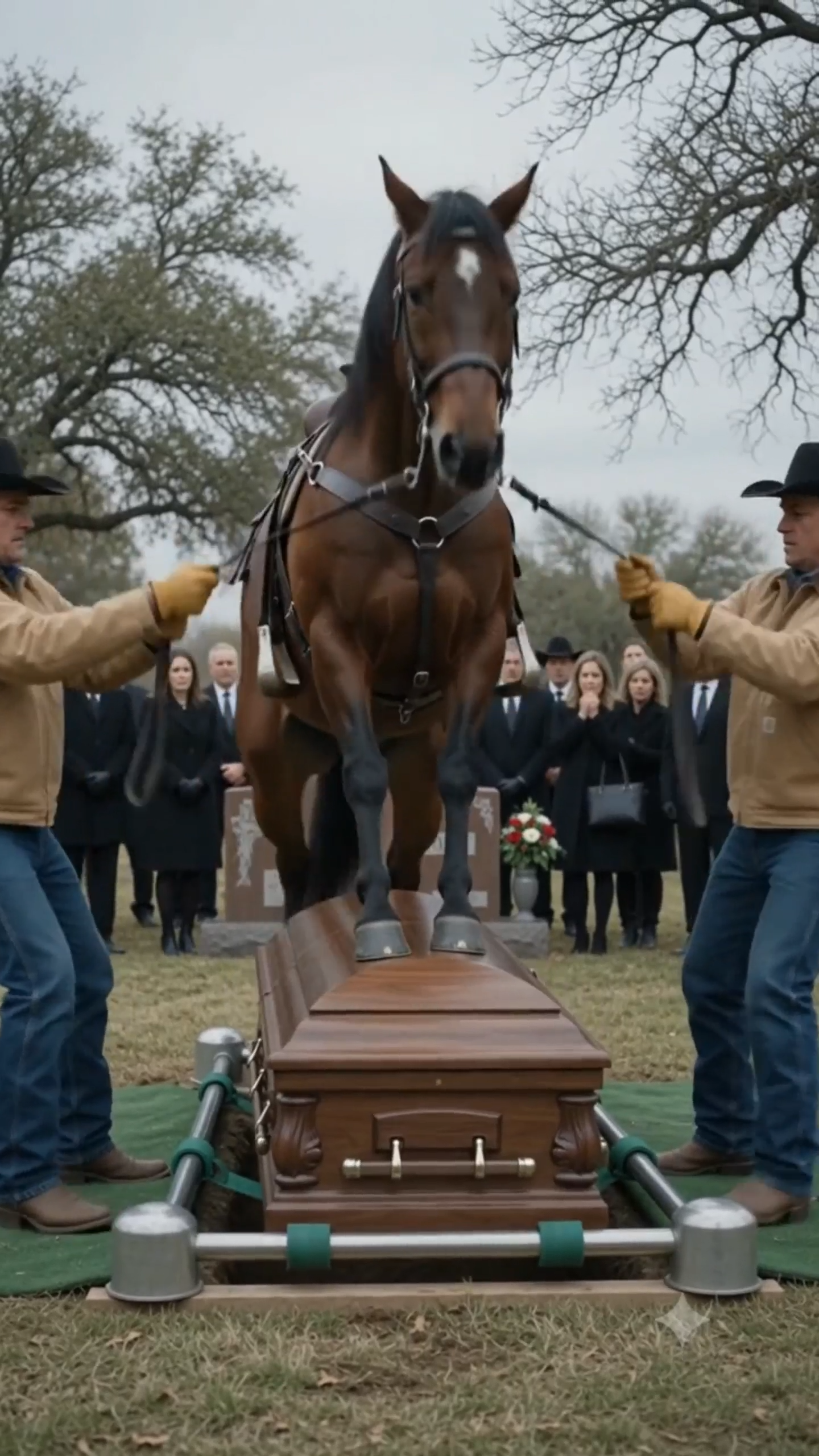 PART 2 / During the funeral of a 60-year-old farmer, his loyal horse burst into the cemetery while several men tried to stop the crazed animal, and then began furiously striking the coffin lid with its hooves: everyone present froze in horror when the lid cracked open and they saw what was hidden inside