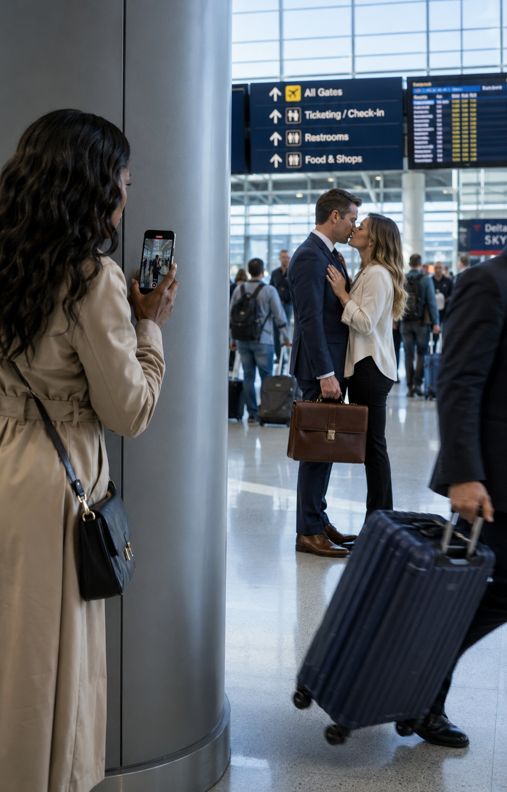 "I Was Drinking Coffee at the Airport When I Saw My Husband Kissing Another Woman — Then Heard Him Say 'She'll Lose Everything Before She Even Realizes What's Happened.' I Didn't Confront Him. I Called My Father's Lawyer Instead."