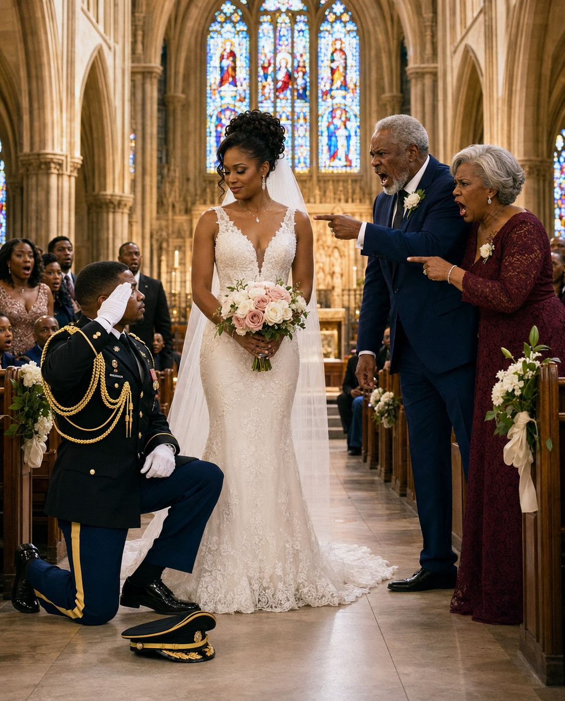 My dad laughed and told me to walk myself down the aisle because I was marrying a nobody. Mom sat beside him in the back row while I walked alone, gripping my bouquet. Then the chapel doors opened, and thirty veterans in pristine military Dress Blues lined the aisle before one faced my father and said, “Sir—”