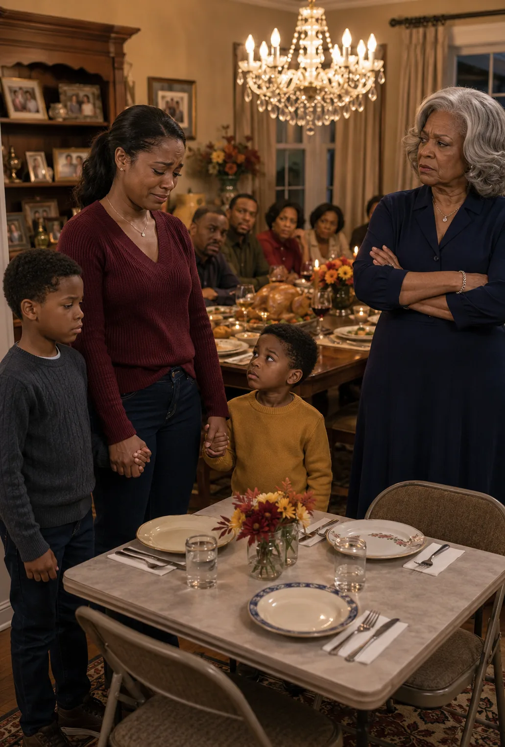 At Thanksgiving, my mother pointed to a tiny folding table in the corner and said, **“That’s where the poor relatives sit.”**
