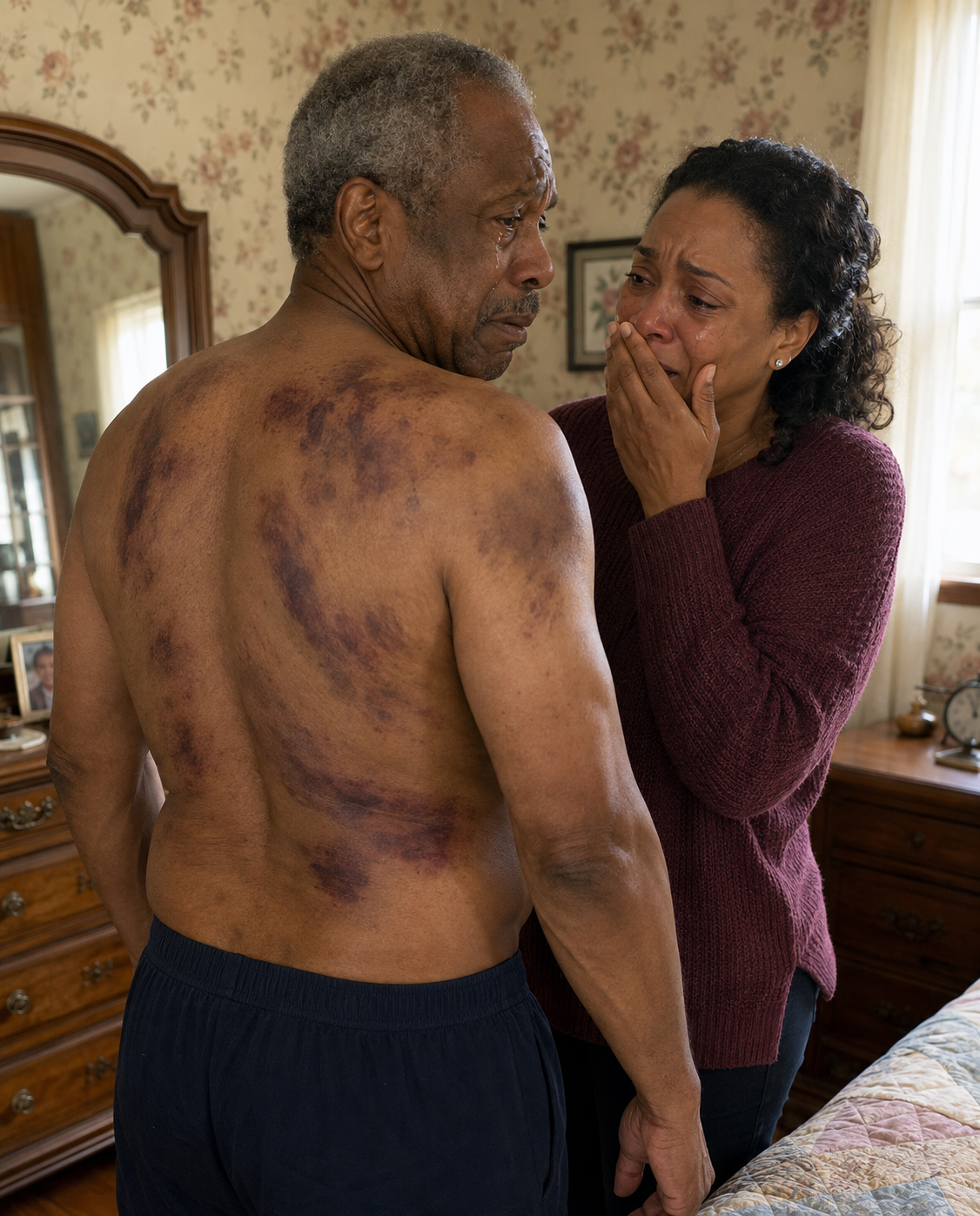 I returned home to visit my elderly father. When I offered to help him bathe, he recoiled, whispering, “Please, don’t remove my coat.” I gently did and froze at the troubling marks hidden beneath it.