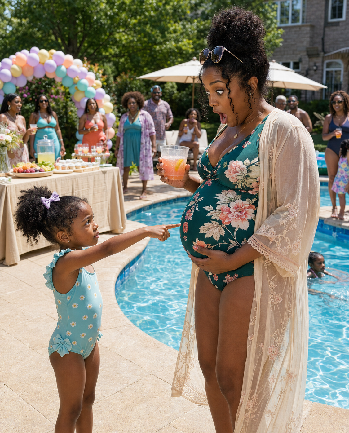At my daughter’s 4th birthday pool party, she suddenly pointed at my stepmom’s side and screamed, “Mommy, Daddy’s inside there!” I laughed at first, until I saw the horrifying truth hidden beneath her swimsuit