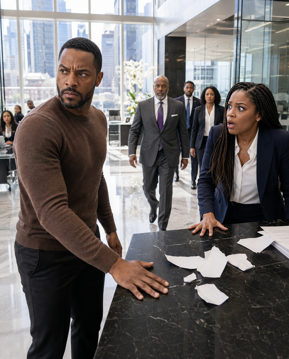 "A cinematic wide shot, aspect ratio 928:1152, ultra-realistic, bright cool-toned daylight filling a glossy modern office lobby. A rugged Black American man in a brown knit sweater stands firmly at a black marble front desk, torn papers scattered across the surface and a few sheets fluttering to the floor, his expression sharp and confrontational as he glances to the side. Next to him, a stunned Black American receptionist in a crisp navy blazer and white shirt stands frozen, mouth open in shock, hand braced on the desk. In the mid-background, a commanding Black American executive in a dark gray suit strides forward with a serious expression, accompanied by a couple of alarmed Black American coworkers, while another Black American employee at a nearby glass desk turns to look, startled. The setting features tall reflective glass windows showing a hazy city skyline, polished marble flooring, and soft ambient light. Bright, clean, high-contrast lighting, photorealistic detail, tense editorial corporate-drama photography style."