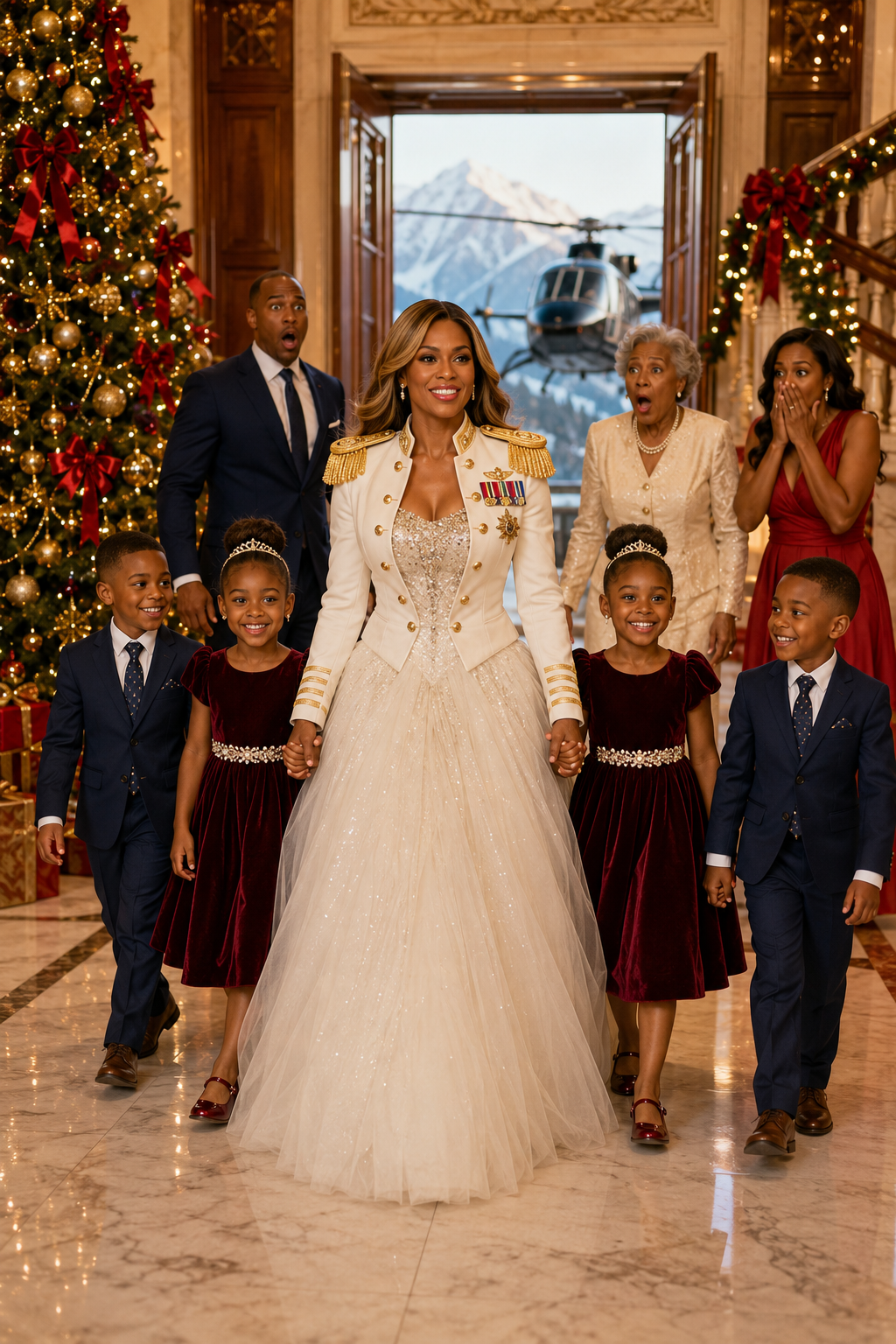 My ex-husband invited me to his family’s Christmas dinner, expecting his “childless” ex-wife to show up alone and embarrassed. He had no idea what was coming. A military helicopter landed outside the estate, and I stepped out with four 8-year-old children. The second he saw their faces, the smile vanished from his face—and he went completely pale.