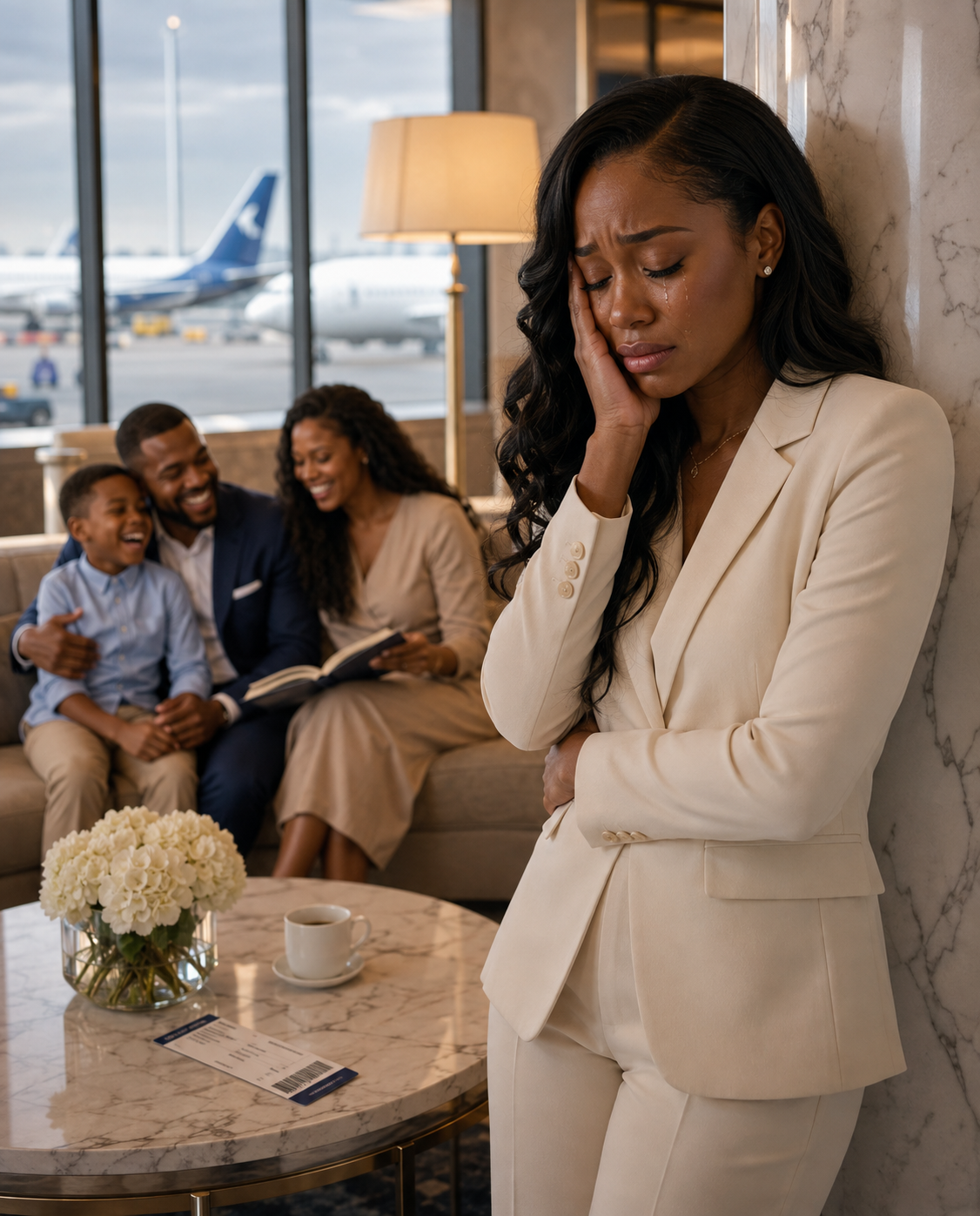 My husband kissed me beneath the departure board and claimed he was flying to London for a week. Two hours later, my own flight was canceled, so I entered the airport lounge—and found him laughing with another woman and a five-year-old boy who called him “Dad.” I stayed behind a marble wall and listened. Then she pushed a blue folder across the table. My name was printed on the first page, and my signature had already been forged.
