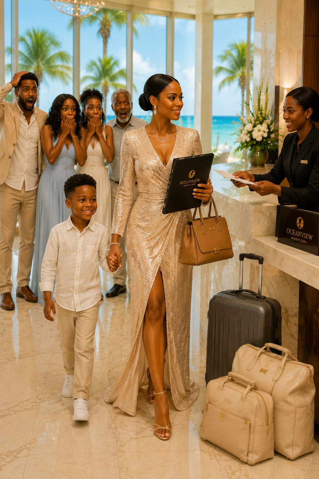 I paid for the entire family to stay at a luxury resort, but my husband and his relatives laughed as they deliberately left me and my son sitting alone in the lobby. Hours passed, and when my hungry little boy and I could barely stand the hunger, we overheard them whispering about a sh0cking plan they thought we would never discover…