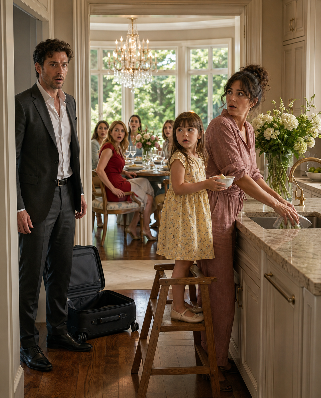 I Came Home Two Days Early and Found My Mother Throwing a Party With 20 Friends While My Wife Had Both Hands Bandaged and My 5-Year-Old Daughter Was Crying Over the Sink. “Serve My Guests First, Then You Can Eat,” My Mother Ordered. I Said Nothing—I Gave Everyone Five Minutes to Leave. Then a Pot of Boiling Water and a Hidden Recording Exposed What Had Really Been Happening in My Home.