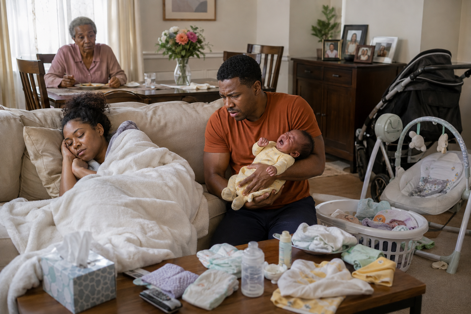 I arrived home much earlier than planned and discovered my wife unconscious on the sofa while my mother sat nearby, calmly eating the meal she had pressured her into cooking. Our newborn son was screaming desperately, yet Mom ignored him completely.