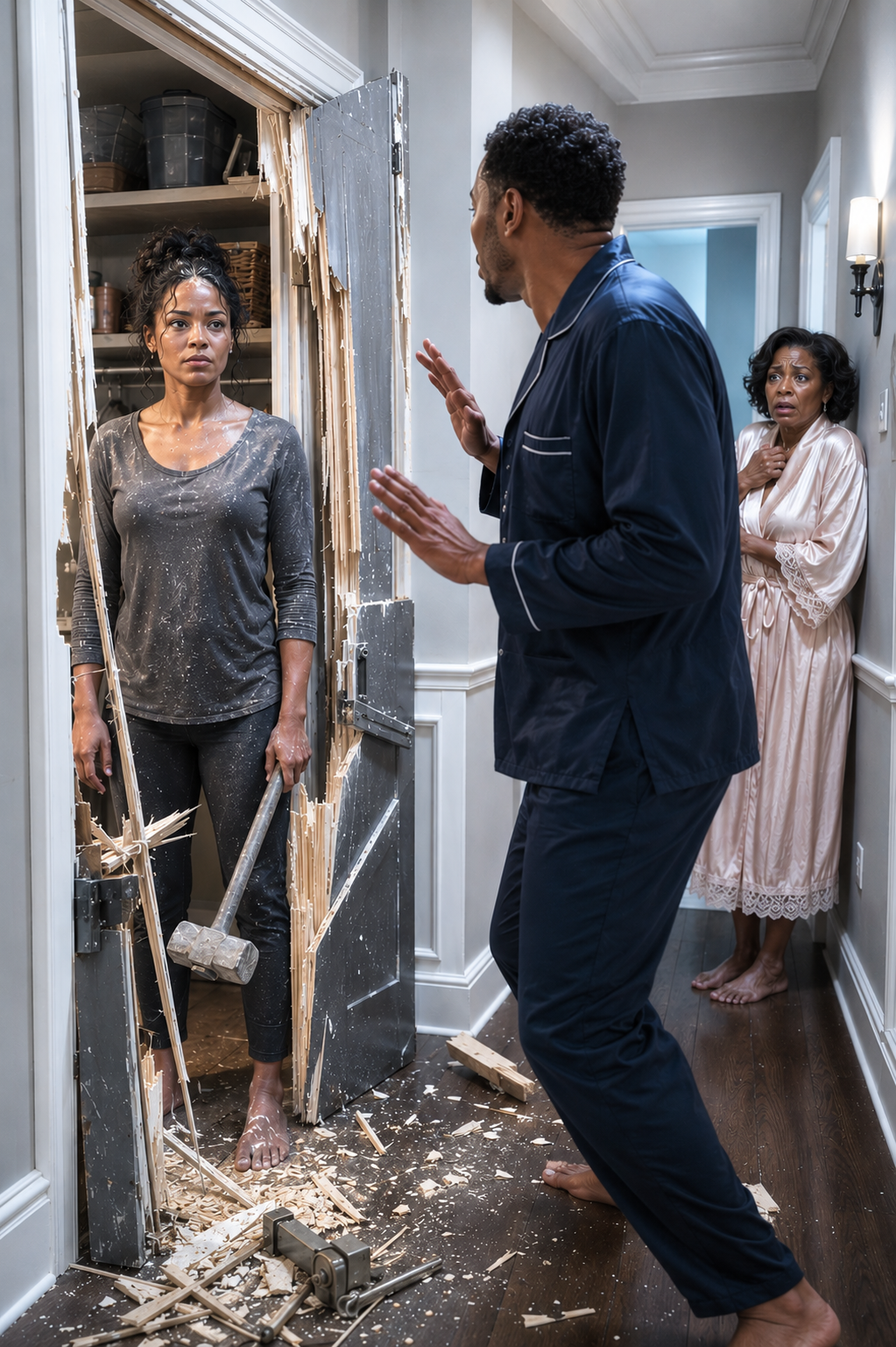 "My Husband Locked Me in a Storage Closet the Night My Mother Died So I Couldn't Reach the Hospital — He and His Mother Were Searching My Documents for Her Land Deed. I Broke the Door Down With a Sledgehammer."